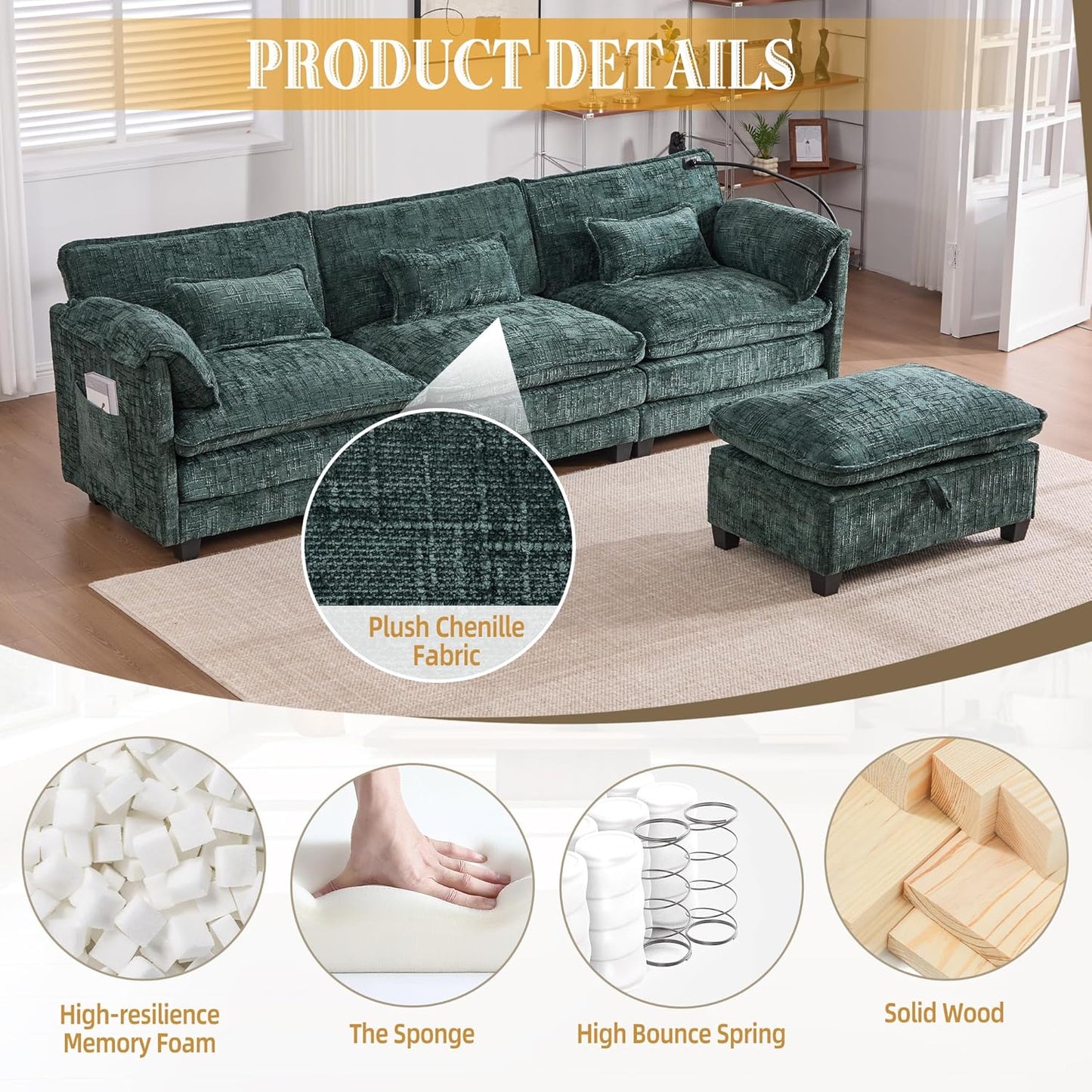Ball & Cast Modular Sectional Sofa,Comfy Cloud Couch with Movable Storage Ottoman,L Shaped Sectional Sofa W/USB Charging Port,Phone Holder and Side Pocket,Chenille Fabric,for Living Room,Emerald,109"