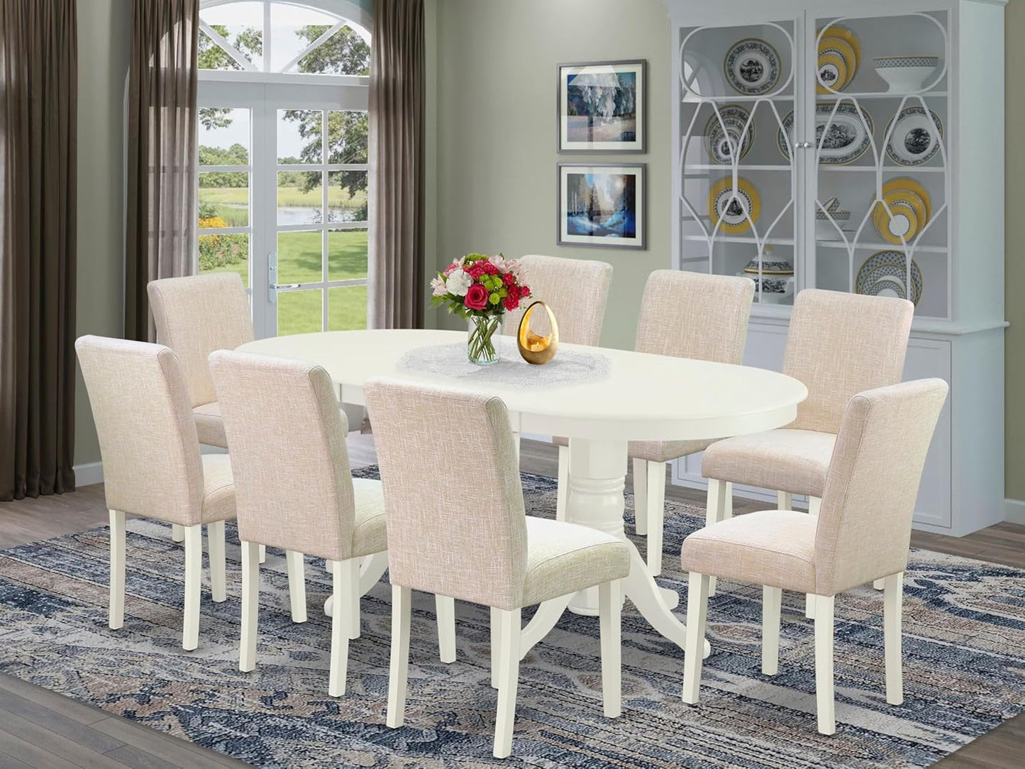 East West Furniture VAAB9-LWH-02 9 Piece Dining Room Set Includes an Oval Wooden Table with Butterfly Leaf and 8 Light Beige Linen Fabric Parson Dining Chairs, 40x76 Inch, Linen White