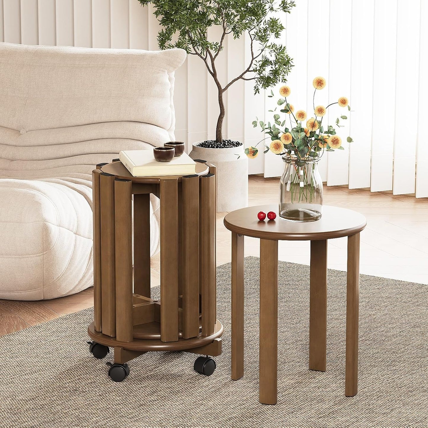 Stackable Stools Set of 4, 4‑in‑1 Bamboo Nesting Stools & End Tables with Wheels, 18″ Round Portable Barstools No‑Assembly Stool for Kitchen Living Room Bar Dorm, Walnut
