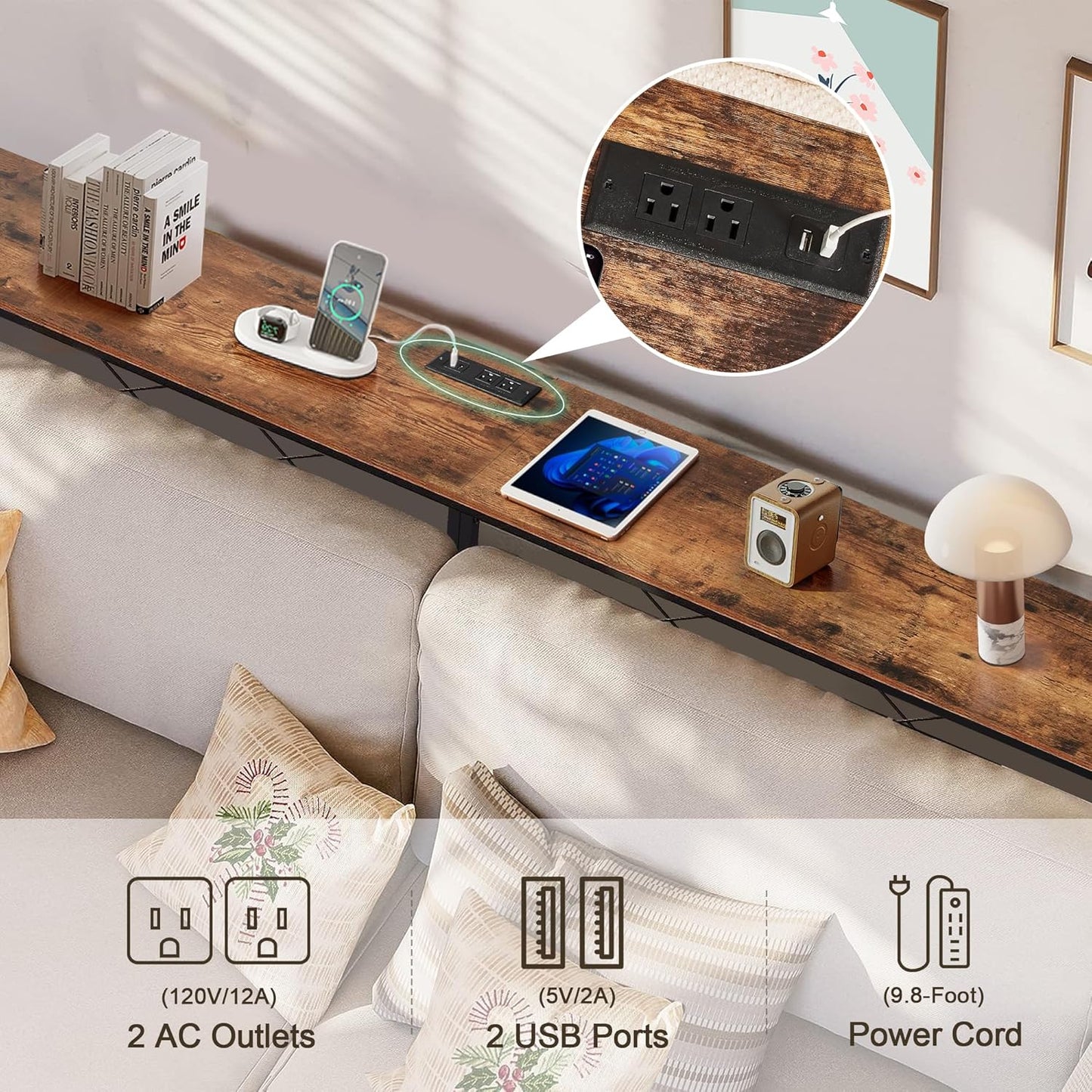 VECELO 39.4In Narrow Sofa/Console Table with Charging Station & Power Outlet and USB Ports, for Entryway, Living Room, Office, Industrial, Metal Frame, Brown