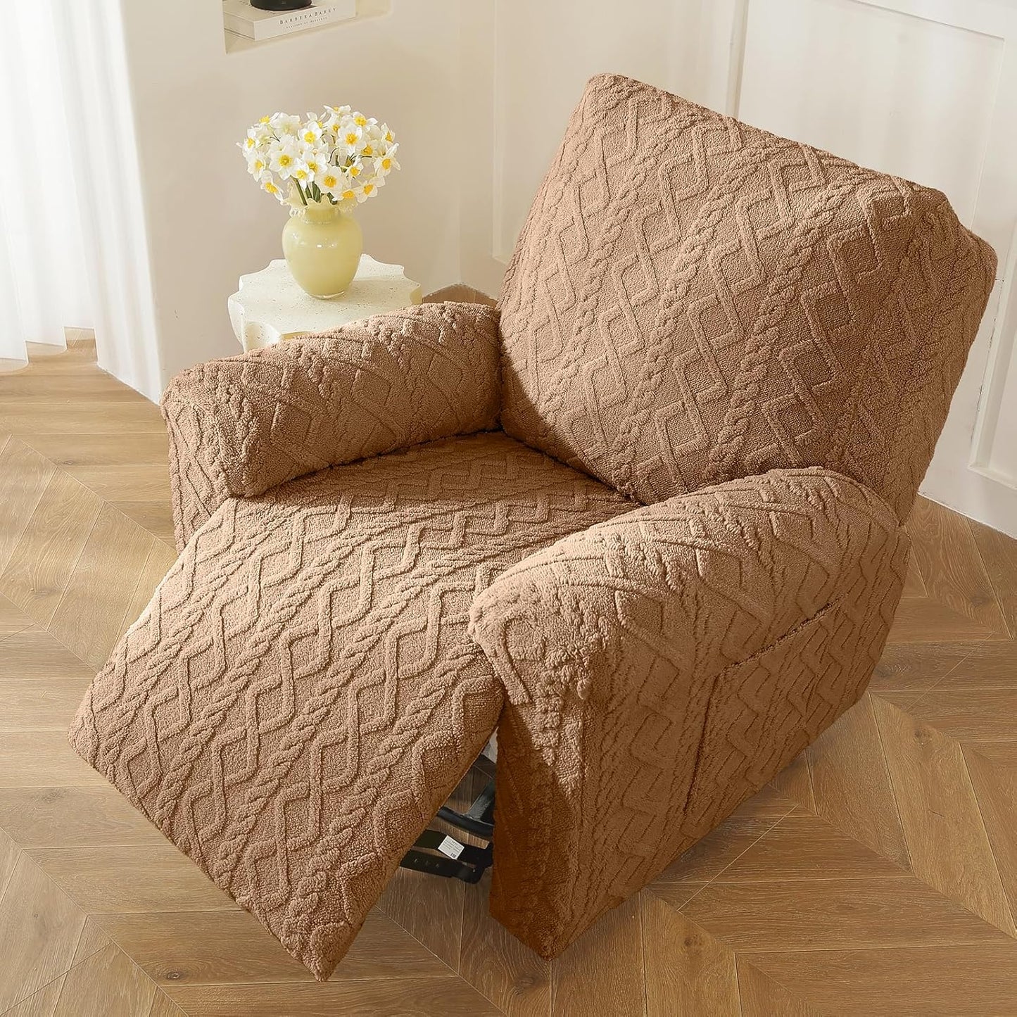 vctops 4 Pieces Geometric Jacquard Plush Recliner Slipcovers Soft Fuzzy Fluffy Sofa Couch Cover Anti-Slip Furniture Protector with Elastic Bottom for Kids Cats Dogs(Brown,1 Seat)