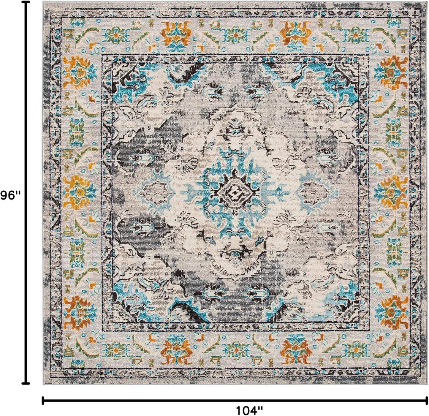 SAFAVIEH Monaco Collection Area Rug - 8'8" Square, Grey & Light Blue, Boho Chic Medallion Distressed Design, Non-Shedding & Easy Care, Ideal for High Traffic Areas in Living Room, Bedroom (MNC243G)