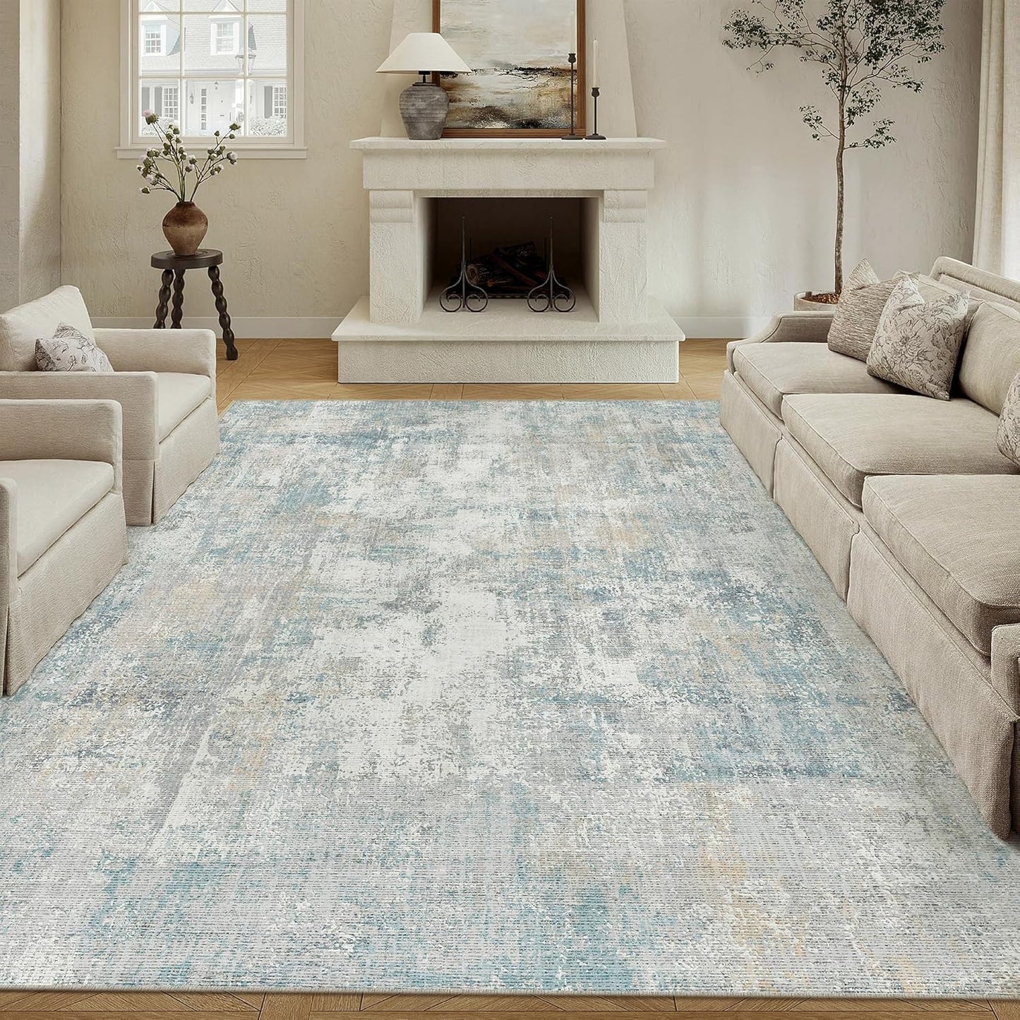 8x10 Washable Area Rug Blue Cream Modern Neutral Abstract Living Room Bedroom Indoor Floor Carpet Low Pile Soft Non-Slip Lightweight Vacuumable Large Throw Rug for Nursery Dining Room