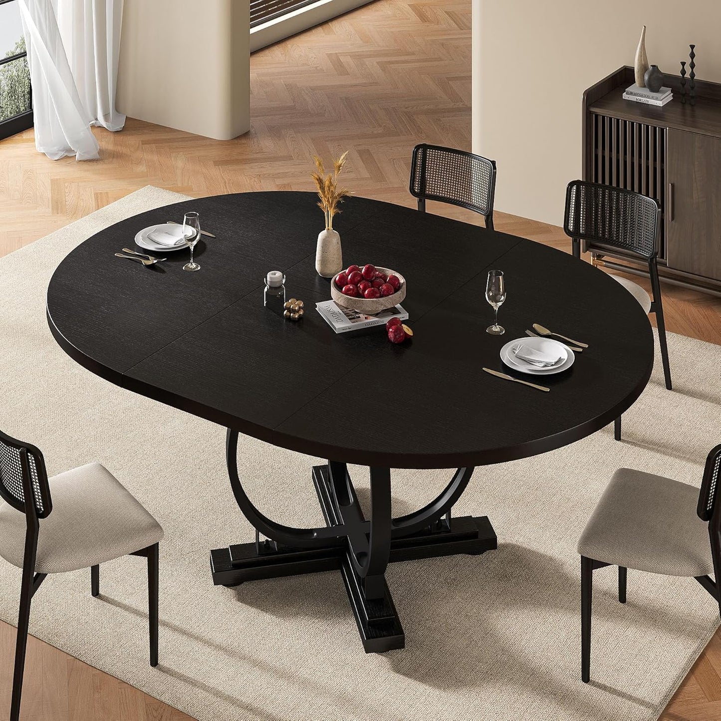 59" Round Extendable Dining Table for 4-6, Modern Oval Kitchen Table with Heavy Duty Curved Legs & Wood X-Based, MDF Board with Spring Buckle, Space Saving, Dining Kitchen Living Room, Black