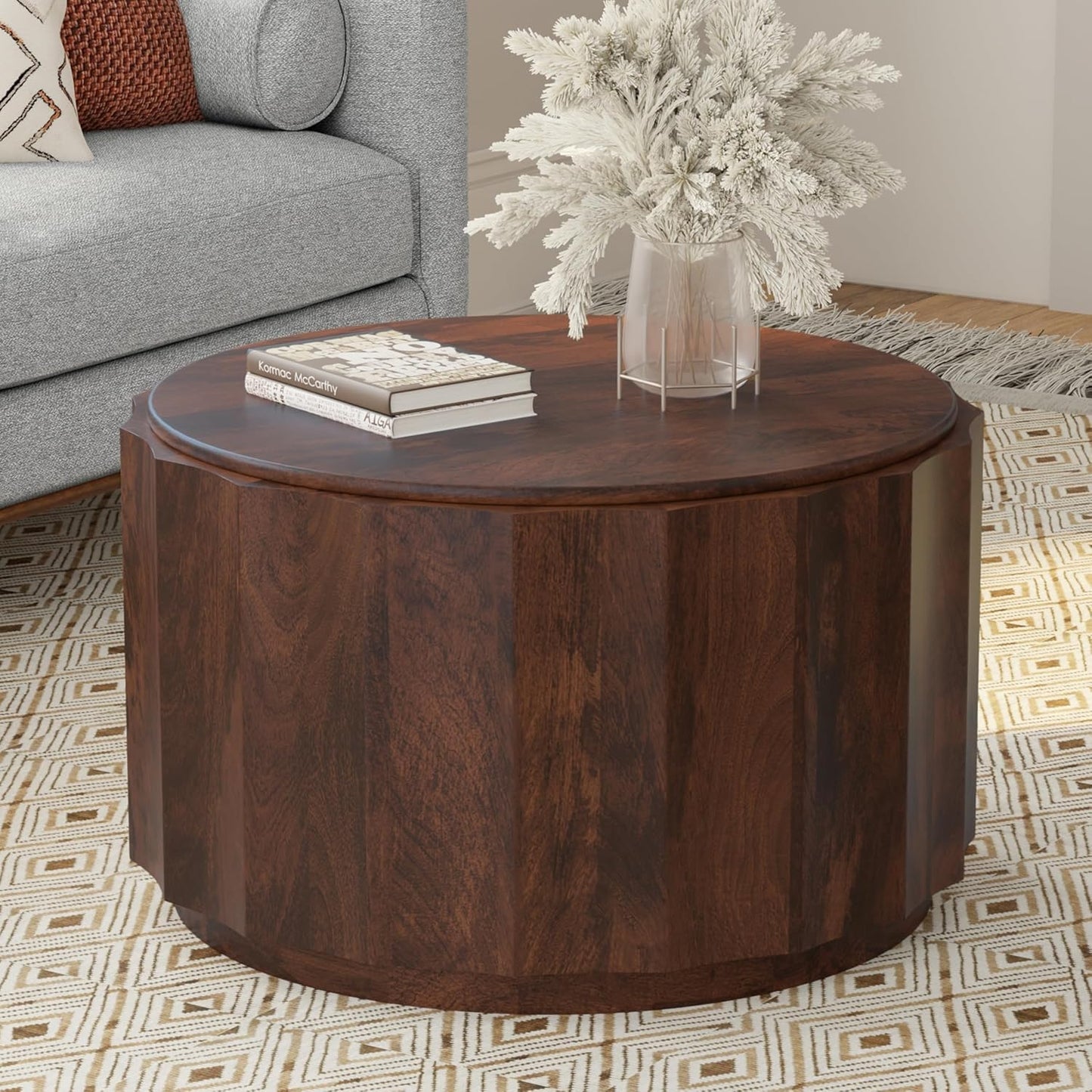 SIMPLIHOME Trenton Coffee Table - 32 inch Wide Solid Mango Wood Round Living Room Table in Walnut Brown, Contemporary Sculpted Drum Center Table for Family Room with Scalloped Edge, Assembled