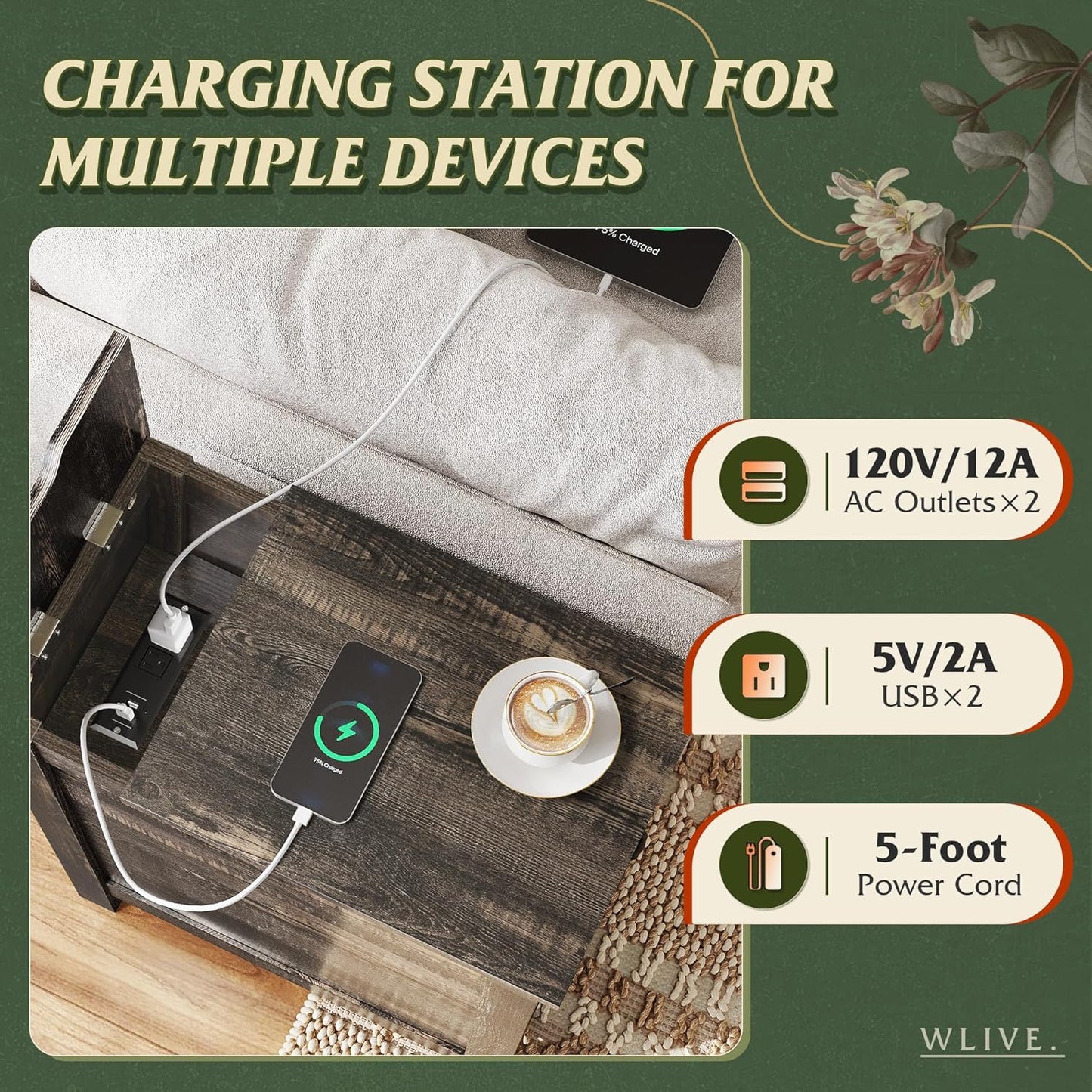 WLIVE End Table with Charging Station, Side Table with USB Ports and Outlets, Narrow Side Table for Small Spaces, Living Room, Couch, Nightstand with Storage, Brown