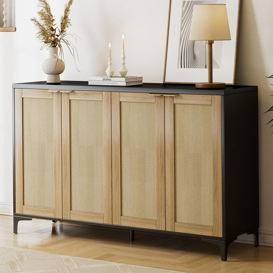 Sideboard - Buffet Cabinet with Storage, Rattan Cabinet with 4 Doors and Adjustable Shelves, Accent Cupboard with Metal Feet, Black Sideboard Console Table for Living Room, Entry, Dining Room