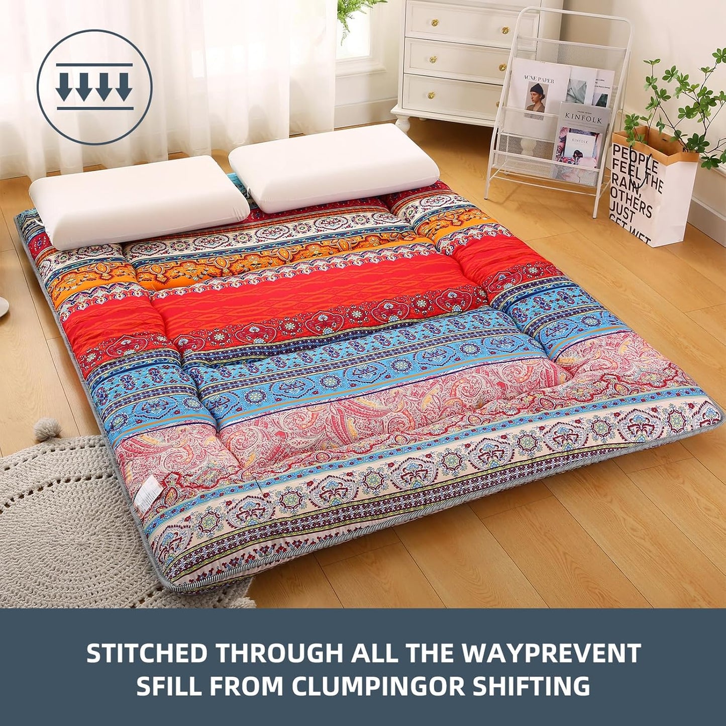 Bohemian Retro Japanese Floor Mattress, Vintage Floral Tatami Floor Mat, Portable Roll up Futon Mattress for Guest,Tavel (C,Full 80" X 47")