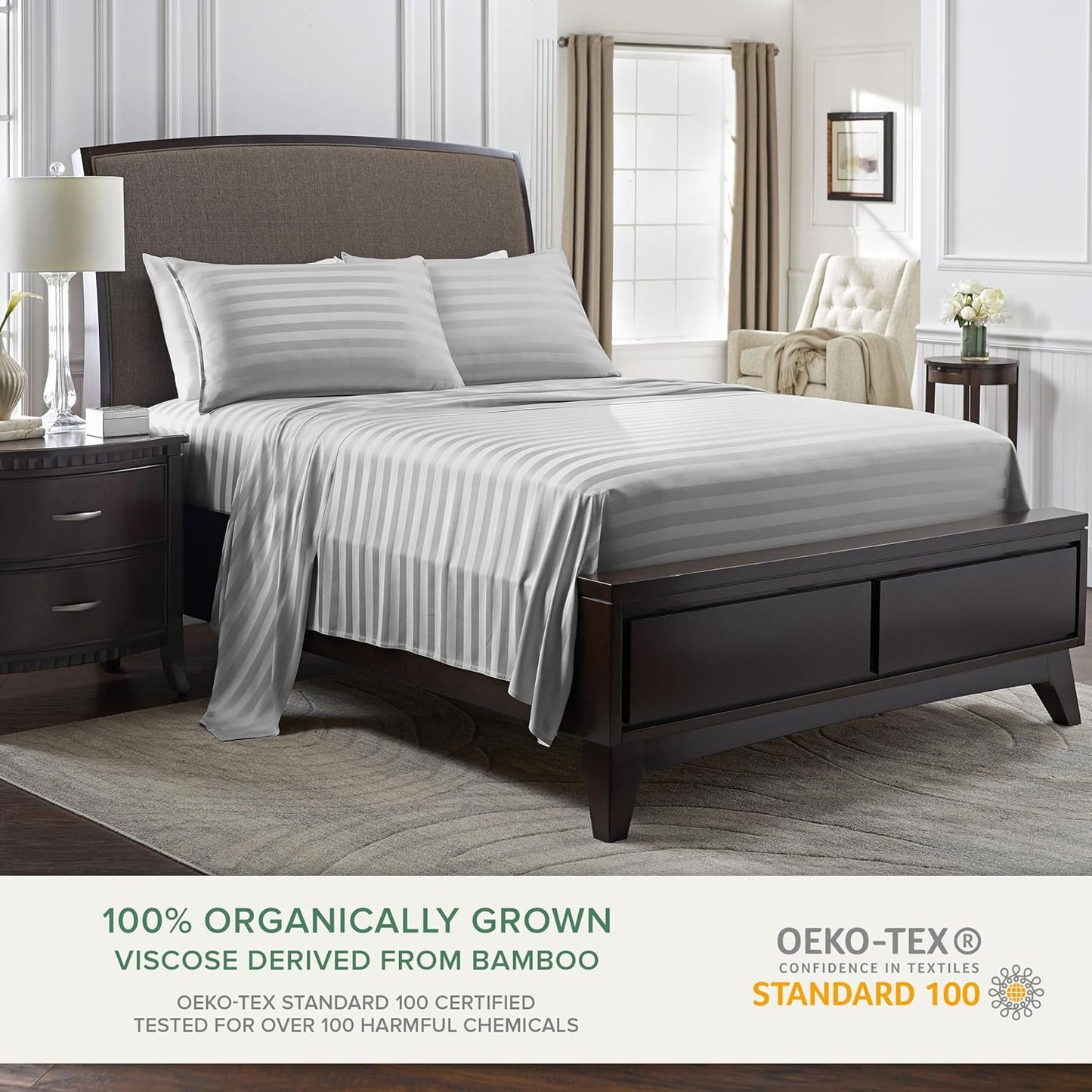 Queen Sheets by Pure Bamboo, Genuine 100% Organic Viscose Derived from Bamboo Bed Sheet Set, Luxuriously Soft & Cooling, Double Stitching, Lifetime Quality Promise (Queen, Jacquard Silver)