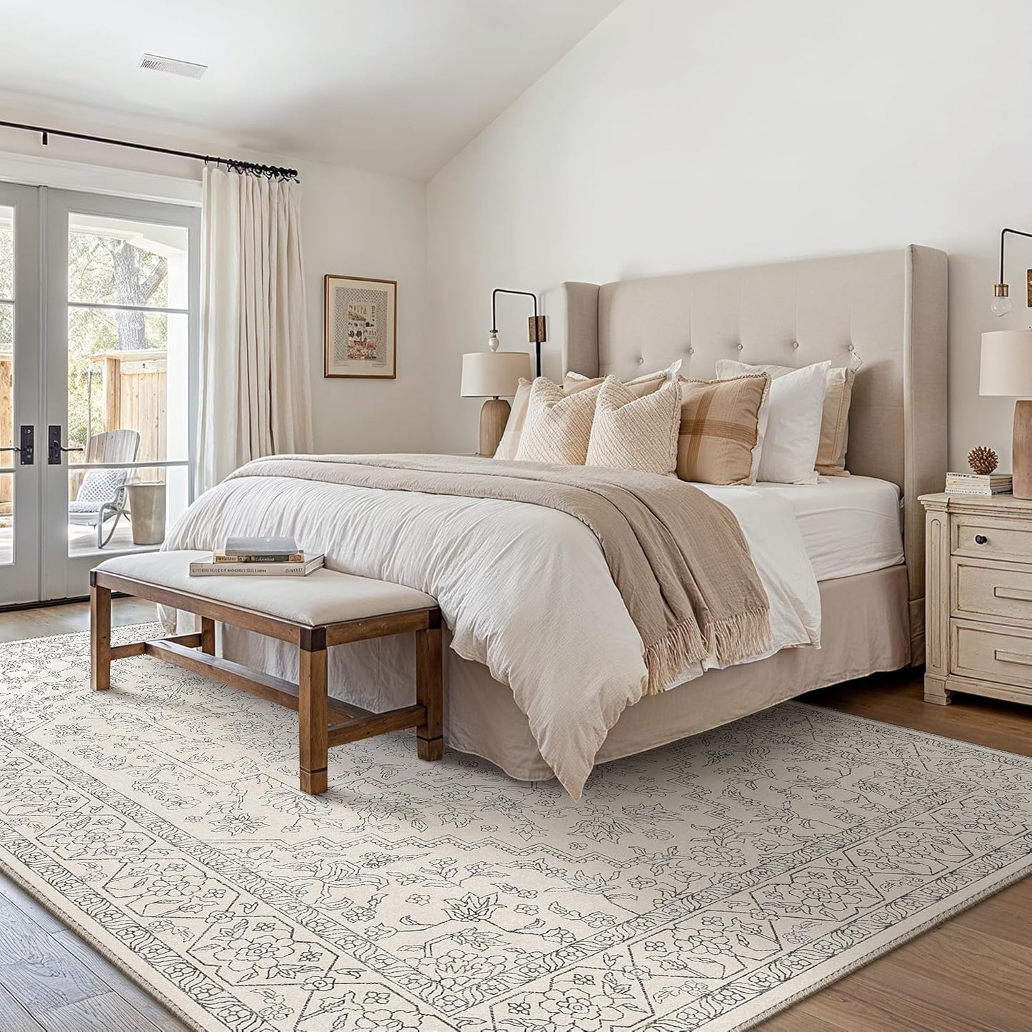 GENIMO 10x14 Area Rugs for Living Room, Machine Washable Non Slip Vintage Rugs, Low Pile Lightweight Chenille Print Rug for Bedroom, Dining Room, Home Office, Beige Line