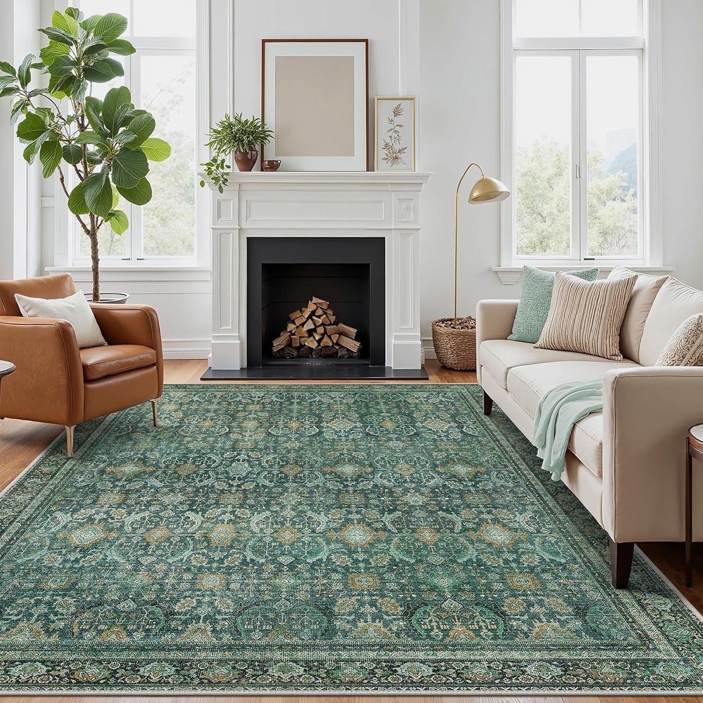 8X10 Area Rugs Machine Washable Rugs for Living Room, Vintage Boho Large Rugs for Bedroom Dining Room, Non Slip Indoor Soft Distressed Lightweight Thin Low Pile Carpet, Turquoise