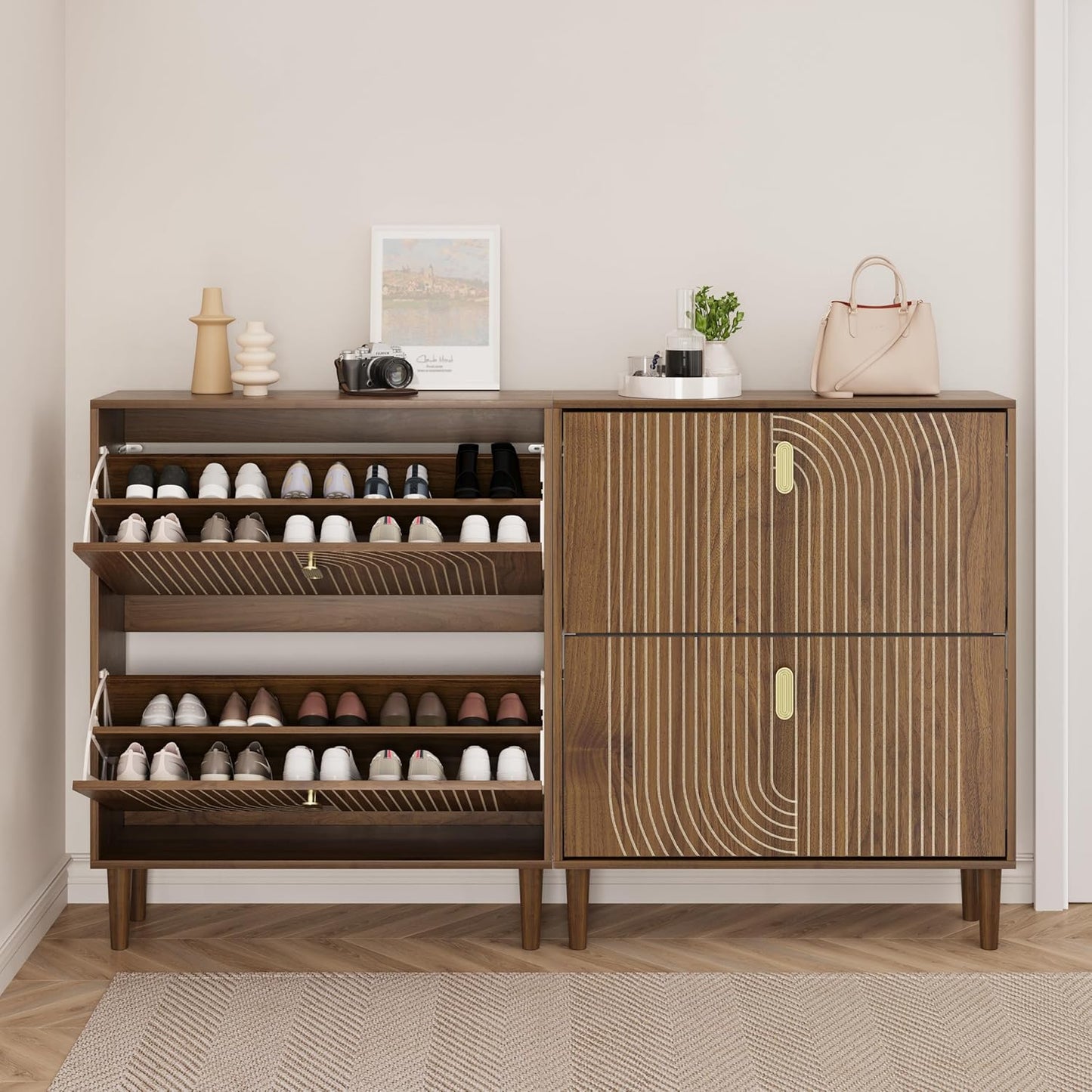 Smuxee Shoe Cabinet with 2 Flip Drawers, 31.5" Walnut Hidden Shoe Storage Cabinet with Line Groove Design, Freestanding Shoe Organizer Cabinet for Entryway, Hallway, Living Room