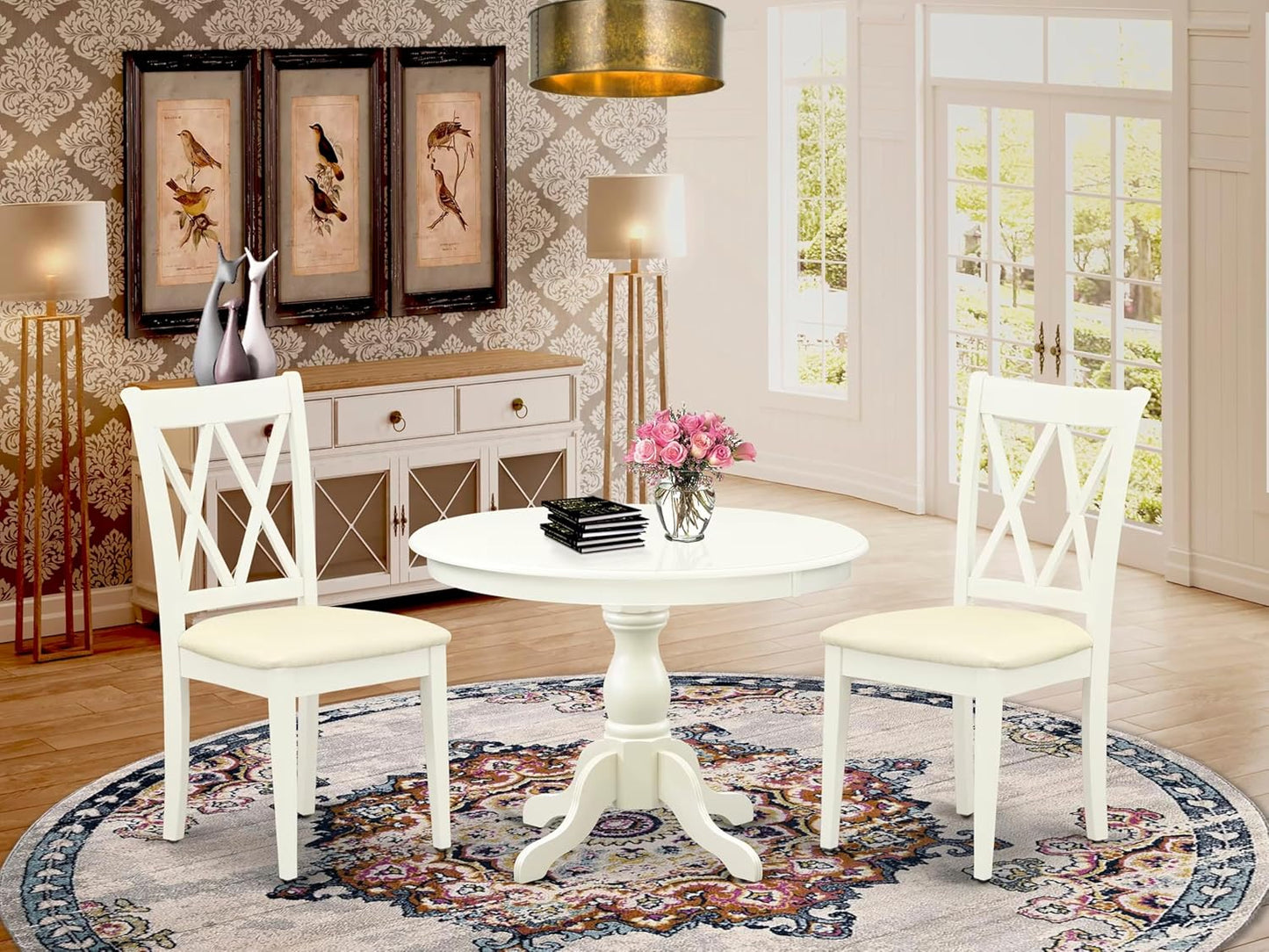 East West Furniture HBCL3-LWH-C 3 Piece Dining Table Set for Small Spaces Contains a Round Dining Room Table with Pedestal and 2 Linen Fabric Upholstered Chairs, 42x42 Inch, Linen White