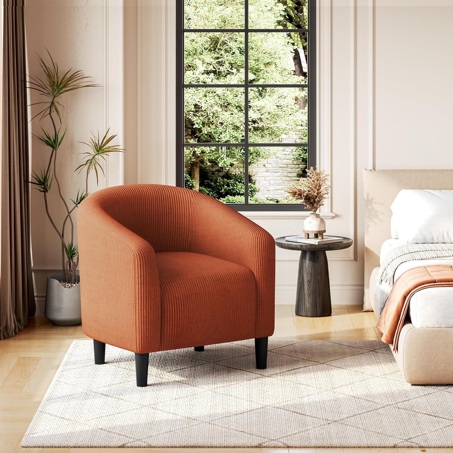 Yaheetech Accent Barrel Chair, Corduroy Fabric Club Chair, Furry Sherpa Elegant Armchair with Cozy Soft Padded, Suitable for Living Room Bedroom Reception Room Office, Brick Red