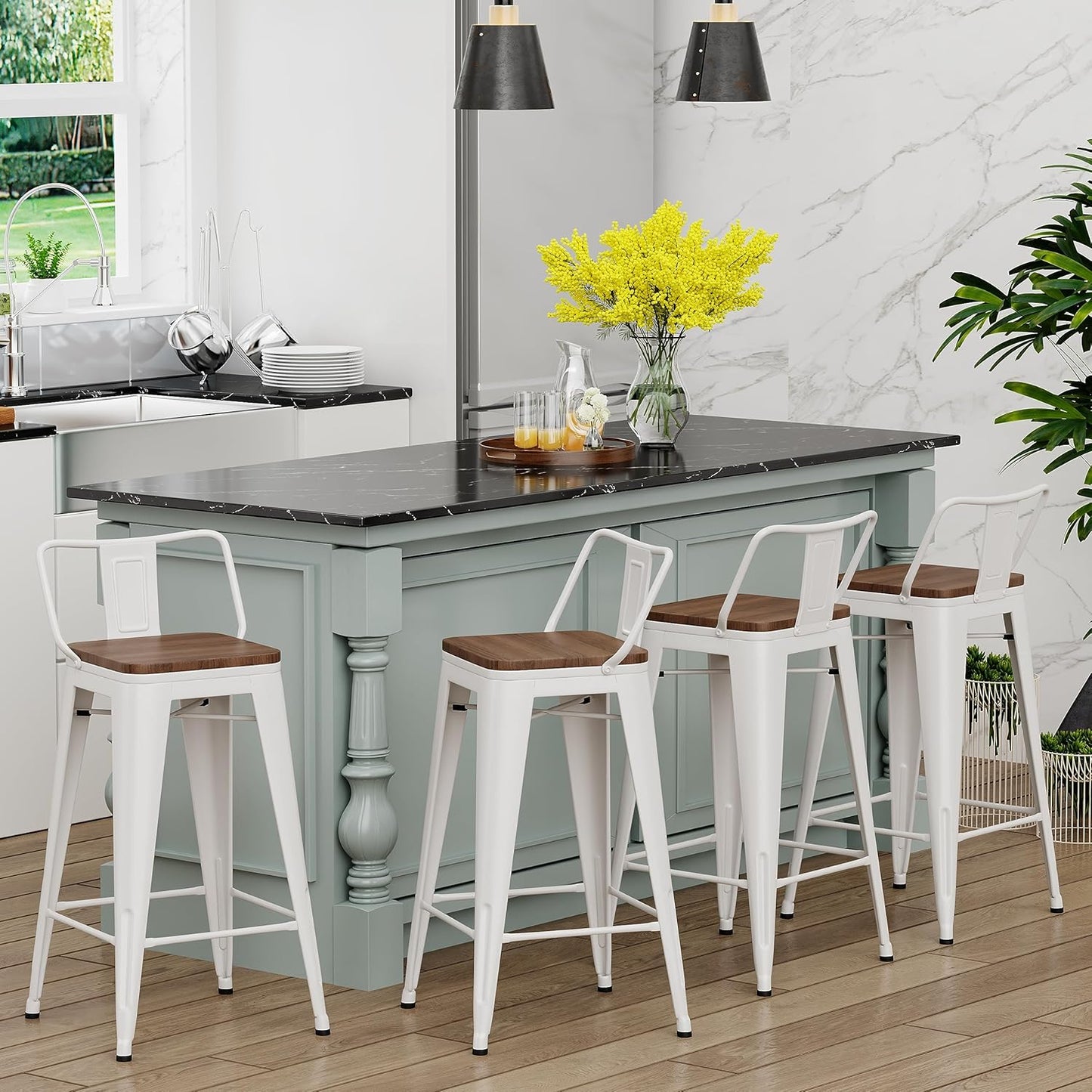 Yongchuang 26 inch Bar Stools Set of 4 Kitchen Counter Height Chairs with Wood Seat Industrial Low Back Metal Barstools Cream White
