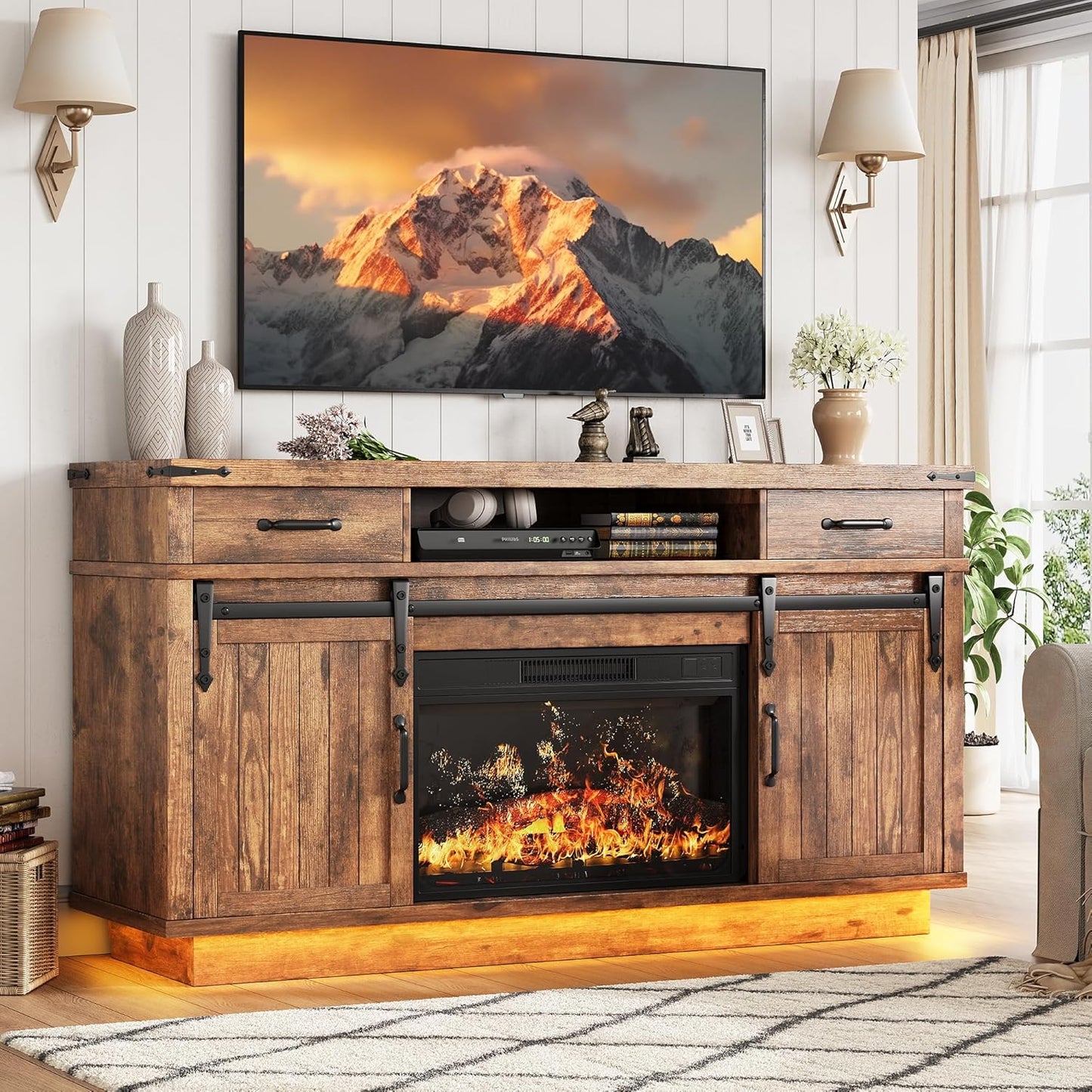59'' Fireplace TV Stand with 3D Flame Electric Fireplace Heater, 34'' Tall Farmhouse TV Stand for 65 Inch TV, Entertainment Center TV Console with 2 Drawers, Sliding Barn Door for Living Room - Brown
