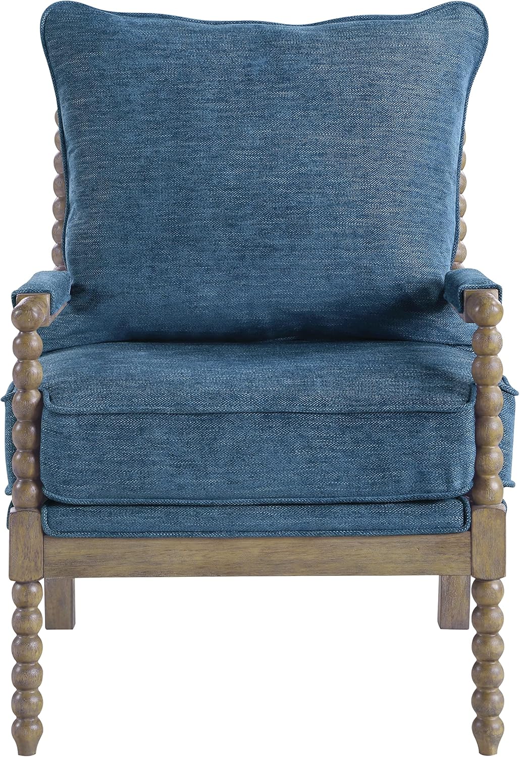 OSP Home Furnishings Fletcher Spindle Accent Chair with Rustic Brown Finish, Navy Blue Upholstery