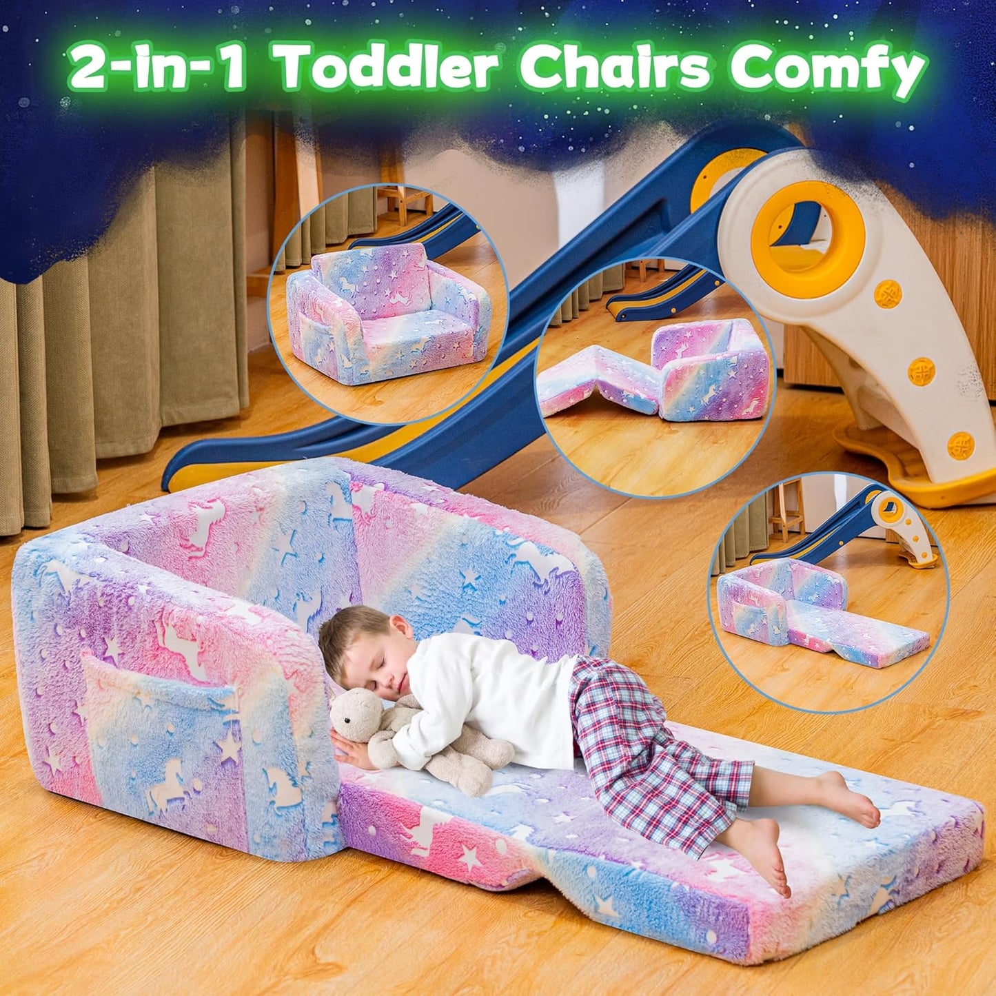 Lamerge 2-in-1 Soft Toddler Couch Fold Out,Foldable Toddler Chair, Glow in The Dark Kids Sofa for playroom,Convertible Foam and Floor Cushion for Boys and Girls (Rainbow and Unicorn)