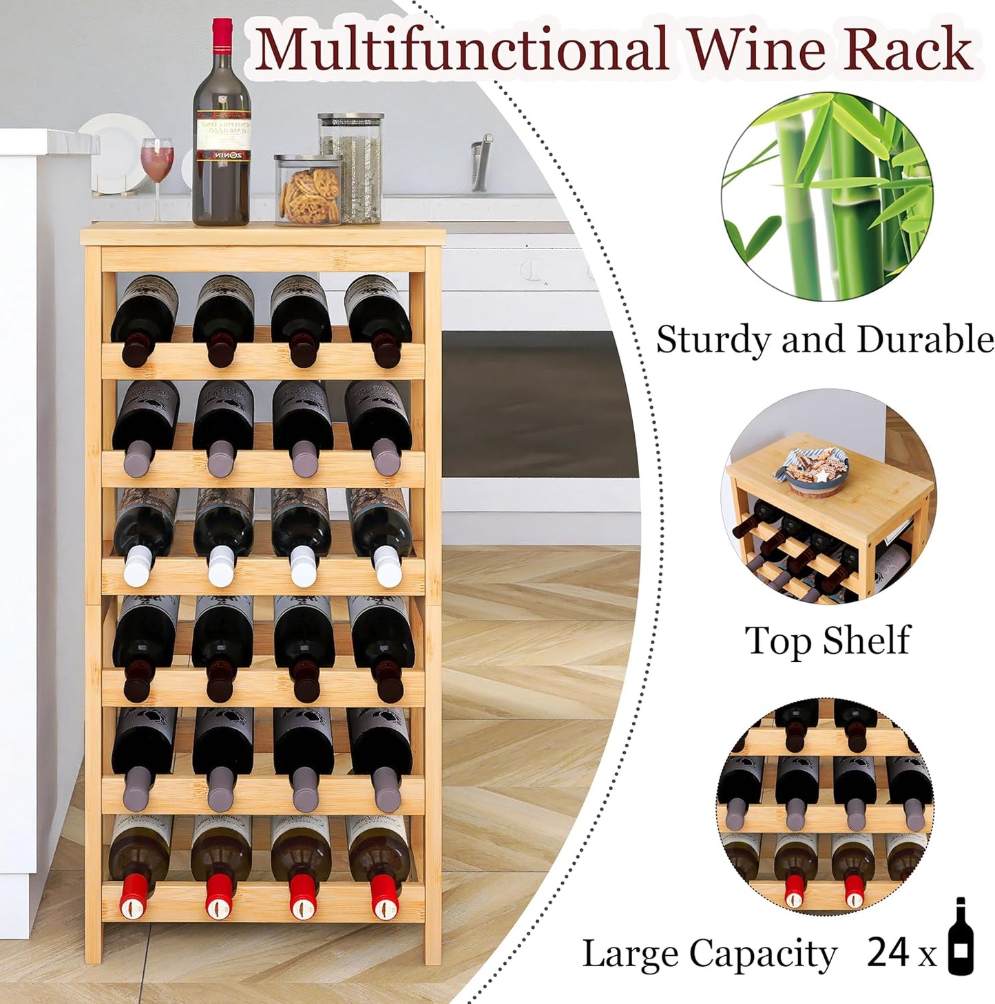 24 Bottles Floor Wine Rack with Tabletop, 6 Tier Bamboo Wine Display Storage Shelves, Wave Bars Freestanding Wine Bottle Organizer Shelf for Kitchen Pantry Cellar, Natural