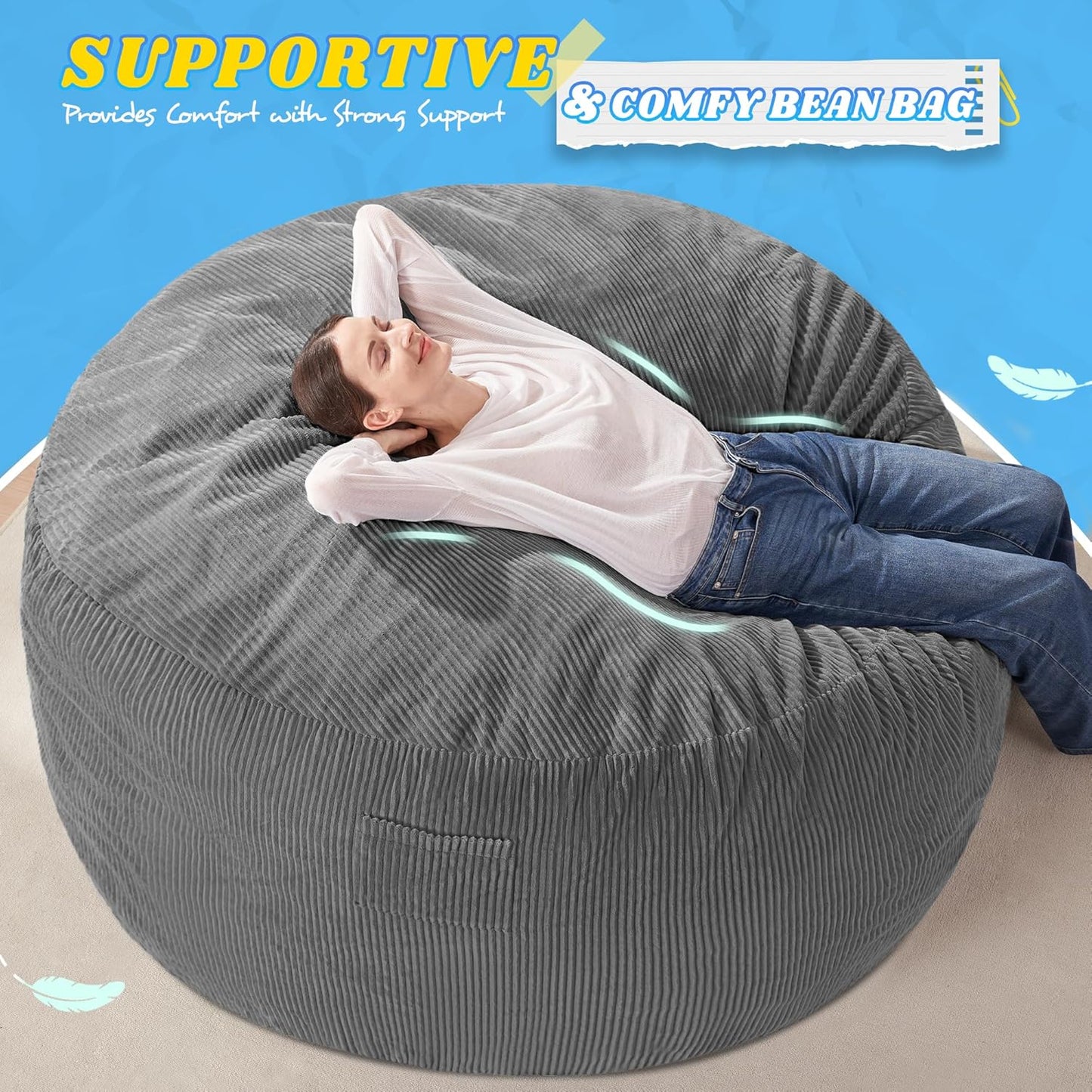 HABUTWAY 6FT Bean Bag Chair,Giant Bean Bag Chairs for Adults,Big Bean Bags with Memory Foam Filled, Large Beanbag Chairs with Soft Corduroy Cover-Grey