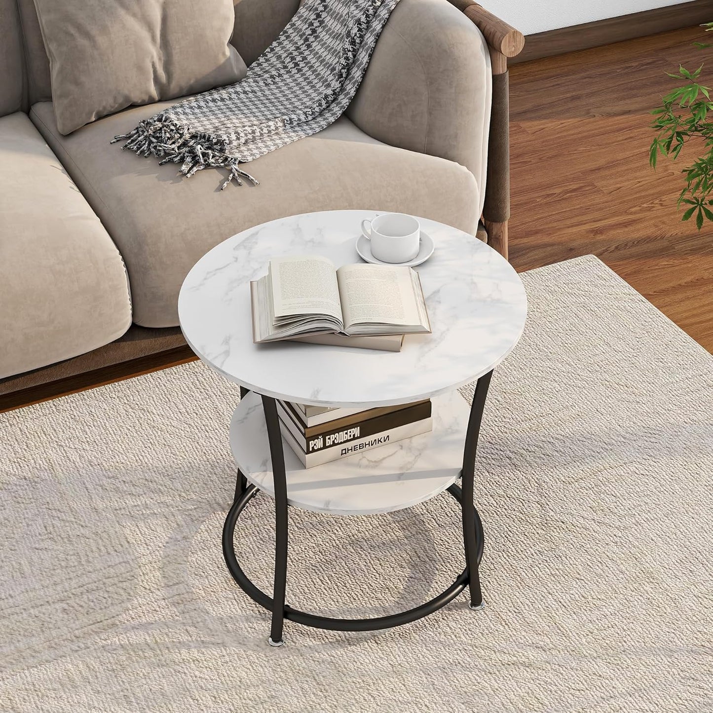 BOFENG Round Coffee Table Side Table,Round End Table with 2 Storage Shelves for Living Room, Bedroom,Small Space,Coffee Table Nightstand with Sturdy Metal Frame,Easy Assembly,White