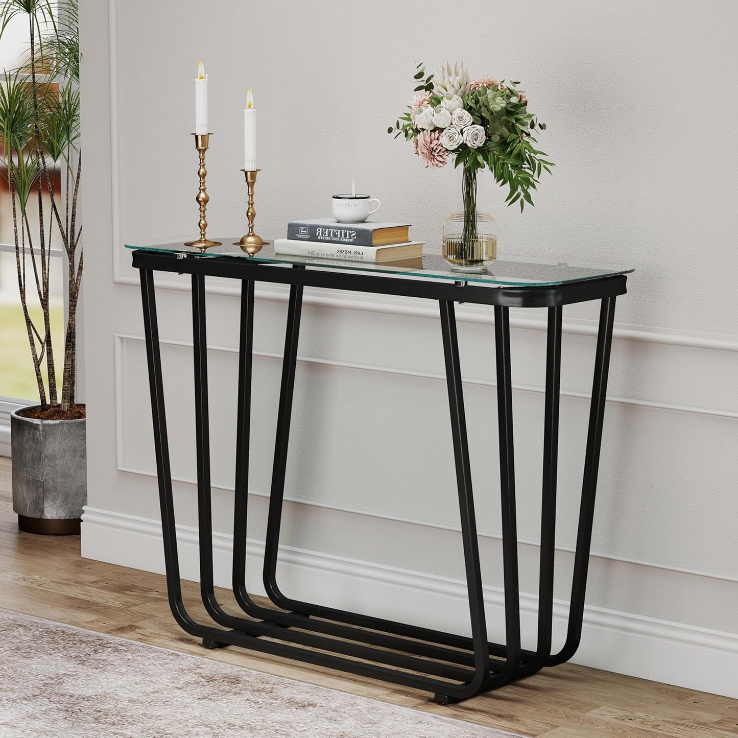 OIOG Glass Console Table for Entryway, Modern Entrance Table with Tempered Glass, Black Sofa Table for Living Room Hallway