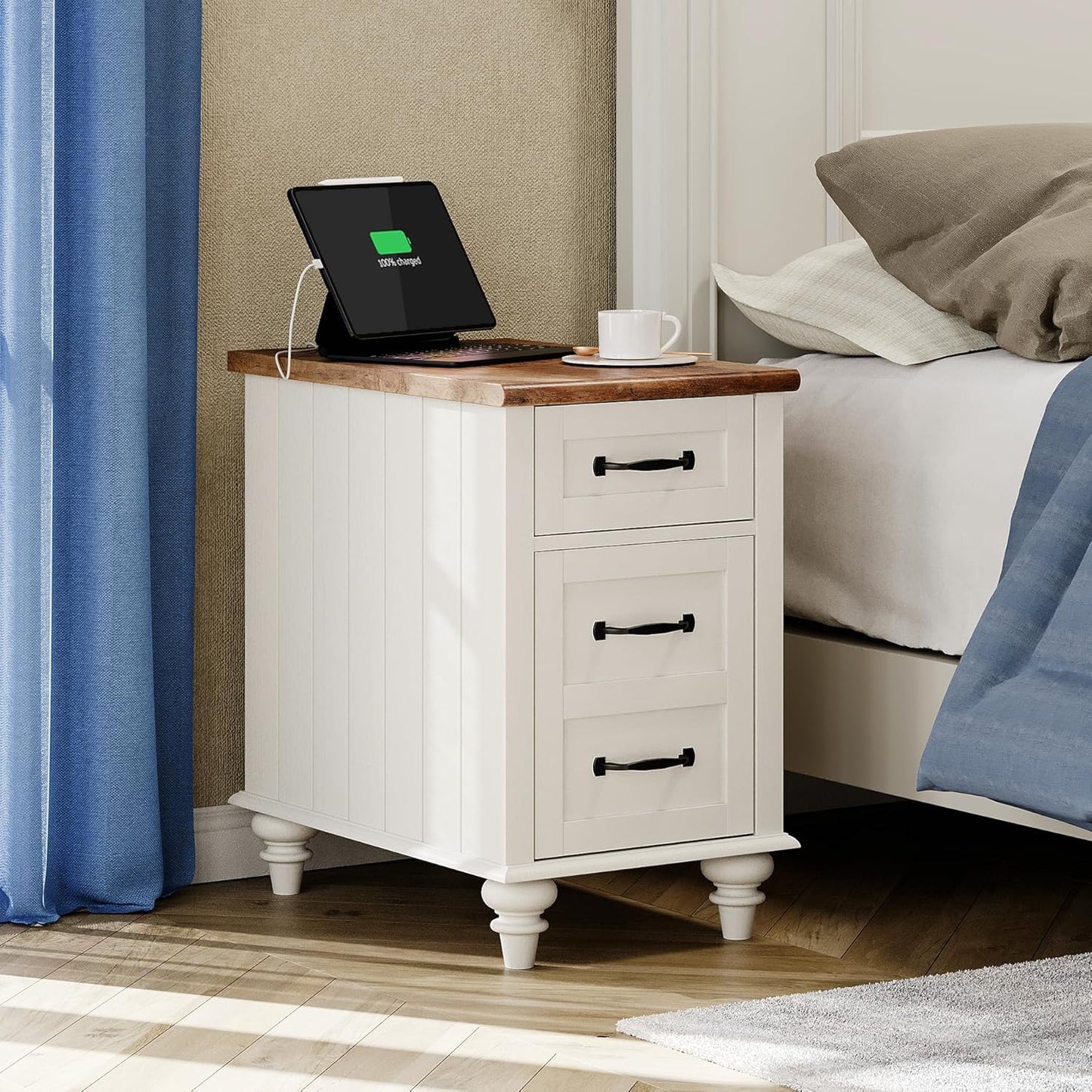 WAMPAT 2 Pack Off White End Table with Charging Station, Wood Side Sofa Table with Drawer and Storage Cabinet, Modern Nightstand with Power Outlets & USB Ports for Living Room, Bedroom