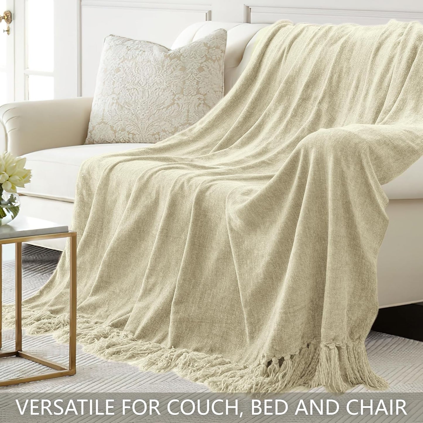 Chenille Throw Blanket for Couch 60"X 80" Twin, Soft Cozy Throws with Fringe Tassel for Bed Sofa Chair Cover, Lightweight Knitted Decorative Boho Blankets for Living Room, Light Beige
