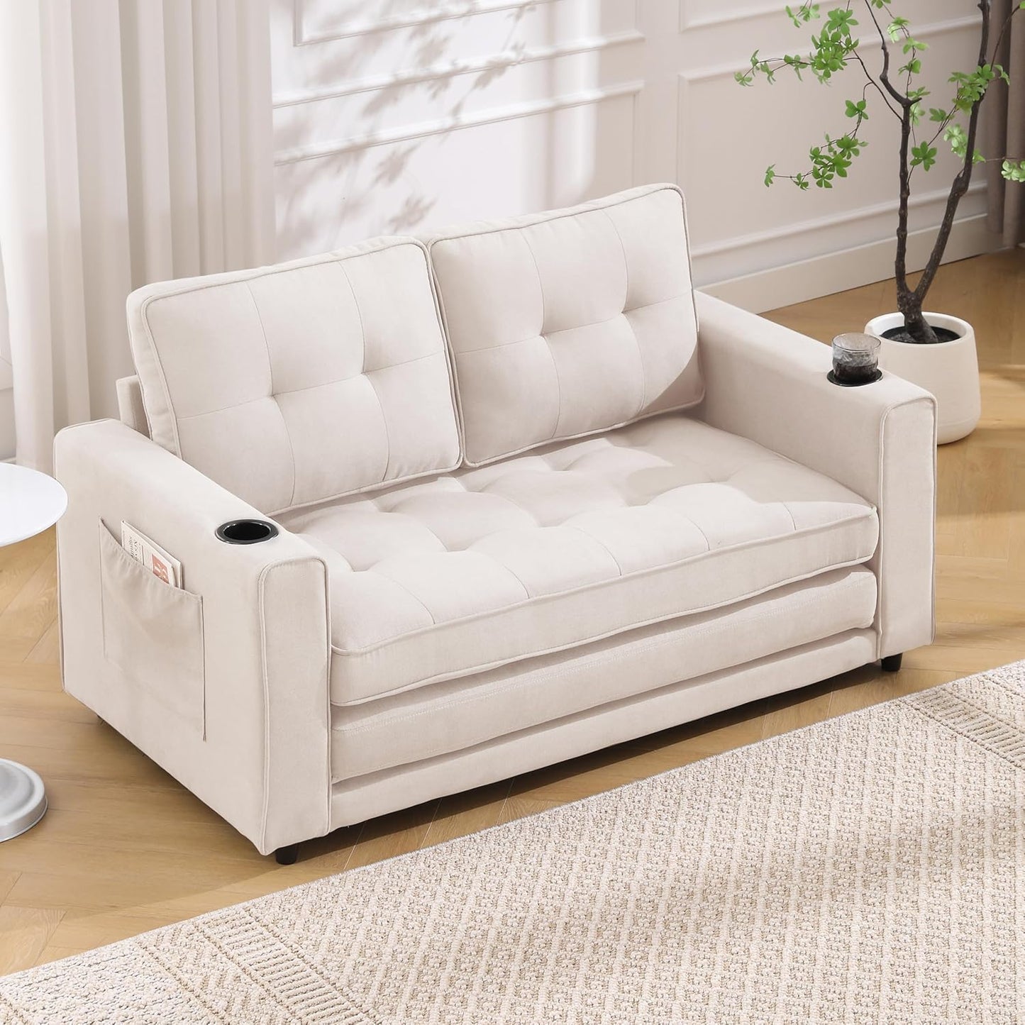 ERYE Modern Upholstered Loveseat Sofa Foldable Convertible Floor Sofabed W/Cupholders and Pockets, 3 Fold Tufted Futon Lounge Sofa with Pull Out Sleeper Couch Bed for Living Room Bedroom Studio