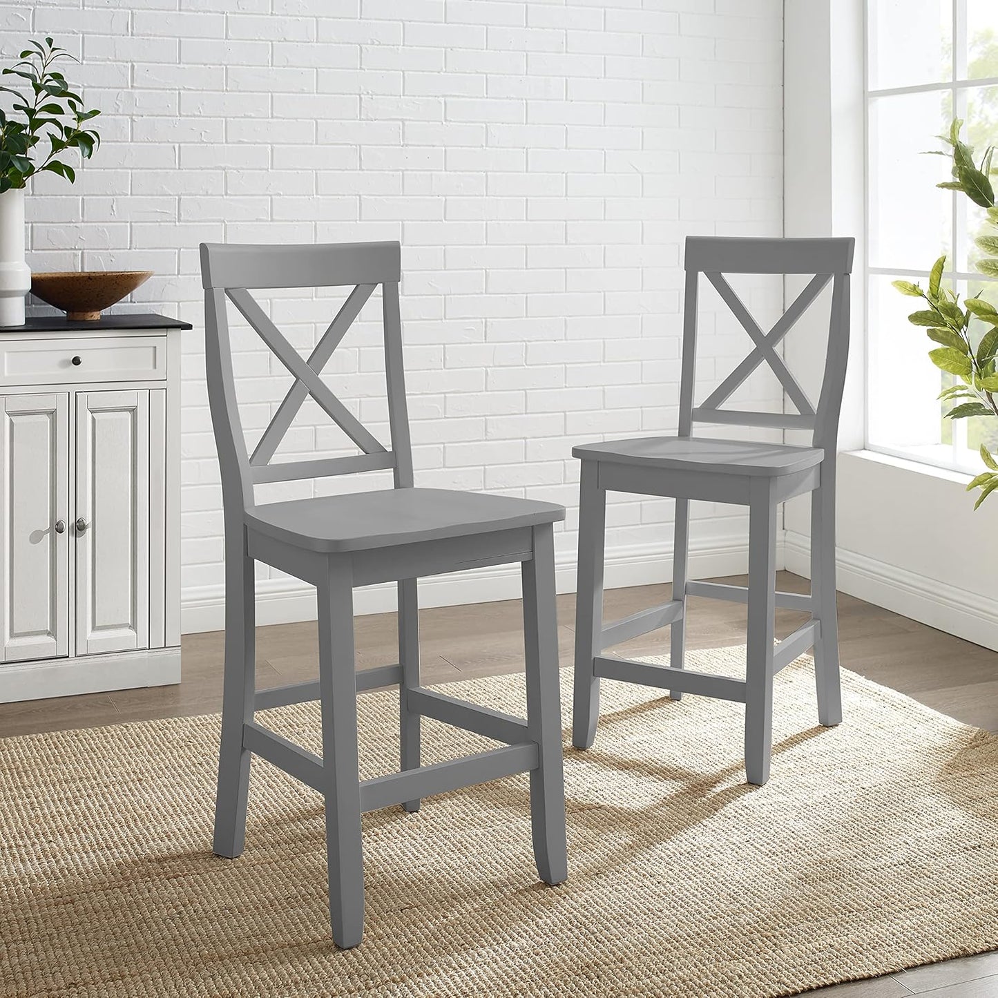 Crosley Furniture X-Back Wood Counter Height Bar Stools Set of 2, Gray, 24-inch