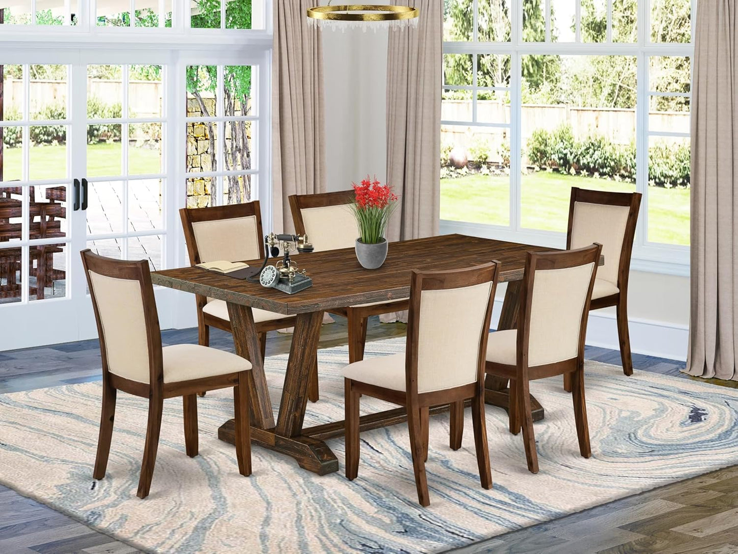 East West Furniture V777MZN32-7 7 Piece Dining Room Table Set Consist of a Rectangle Dining Table with V-Legs and 6 Light Beige Linen Fabric Upholstered Chairs, 40x72 Inch, Multi-Color