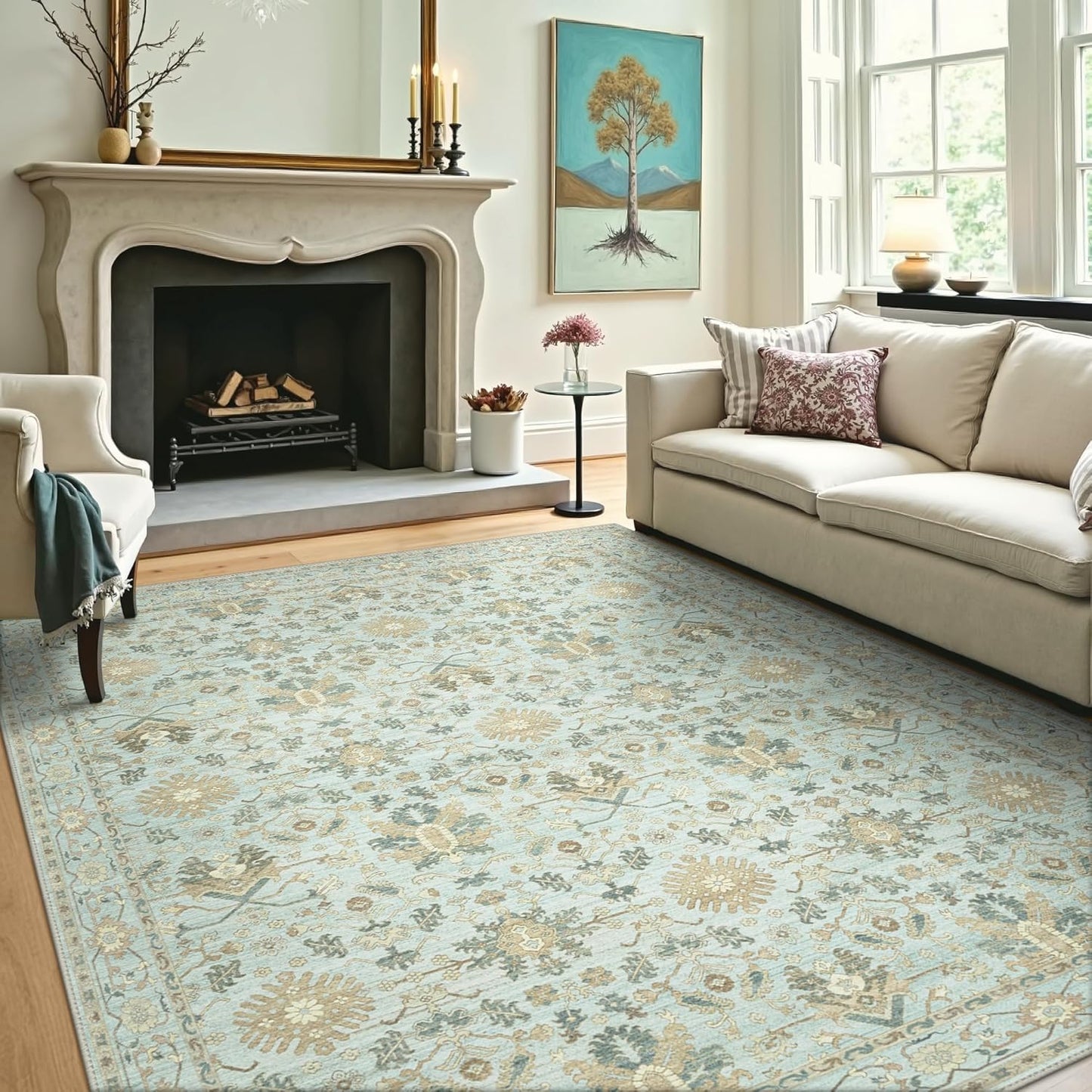 8X10 Area Rugs Machine Washable Runner Rugs for Living Room Bedroom Hallway, Non Slip Indoor Soft Accent Distressed Boho Vintage Print Lightweight Thin Low Pile Carpet, Misty Blue