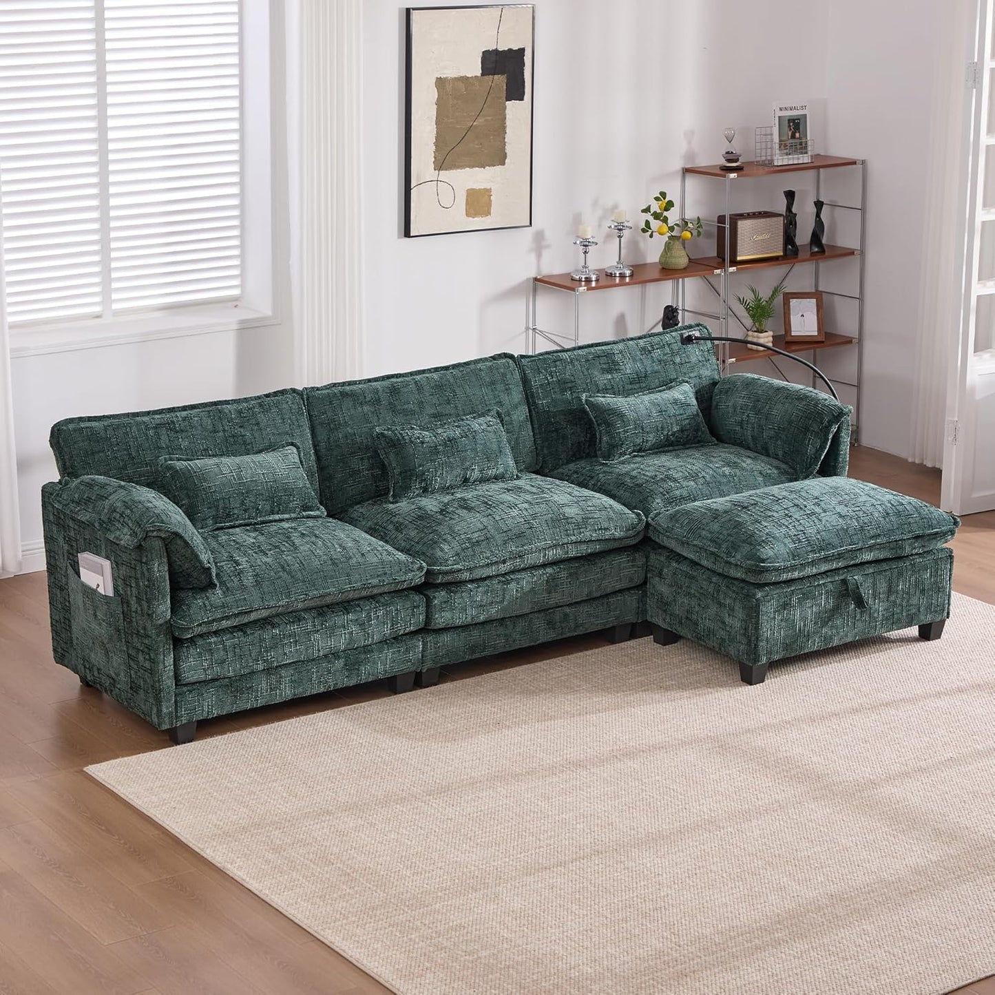 Ball & Cast Modular Sectional Sofa,Comfy Cloud Couch with Movable Storage Ottoman,L Shaped Sectional Sofa W/USB Charging Port,Phone Holder and Side Pocket,Chenille Fabric,for Living Room,Emerald,109"