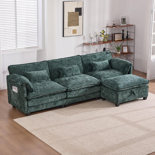 Ball & Cast Modular Sectional Sofa,Comfy Cloud Couch with Movable Storage Ottoman,L Shaped Sectional Sofa W/USB Charging Port,Phone Holder and Side Pocket,Chenille Fabric,for Living Room,Emerald,109"