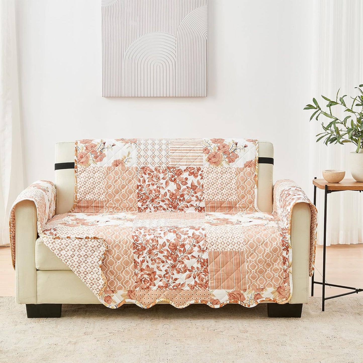 Great Bay Home Reversible Patchwork Loveseat Cover - Washable Slipcover Furniture Protector with Elastic Straps - Couch Cover for Dogs, Kids, and Pets - Box-Stitched Detail (Loveseat, Dusty Rose)