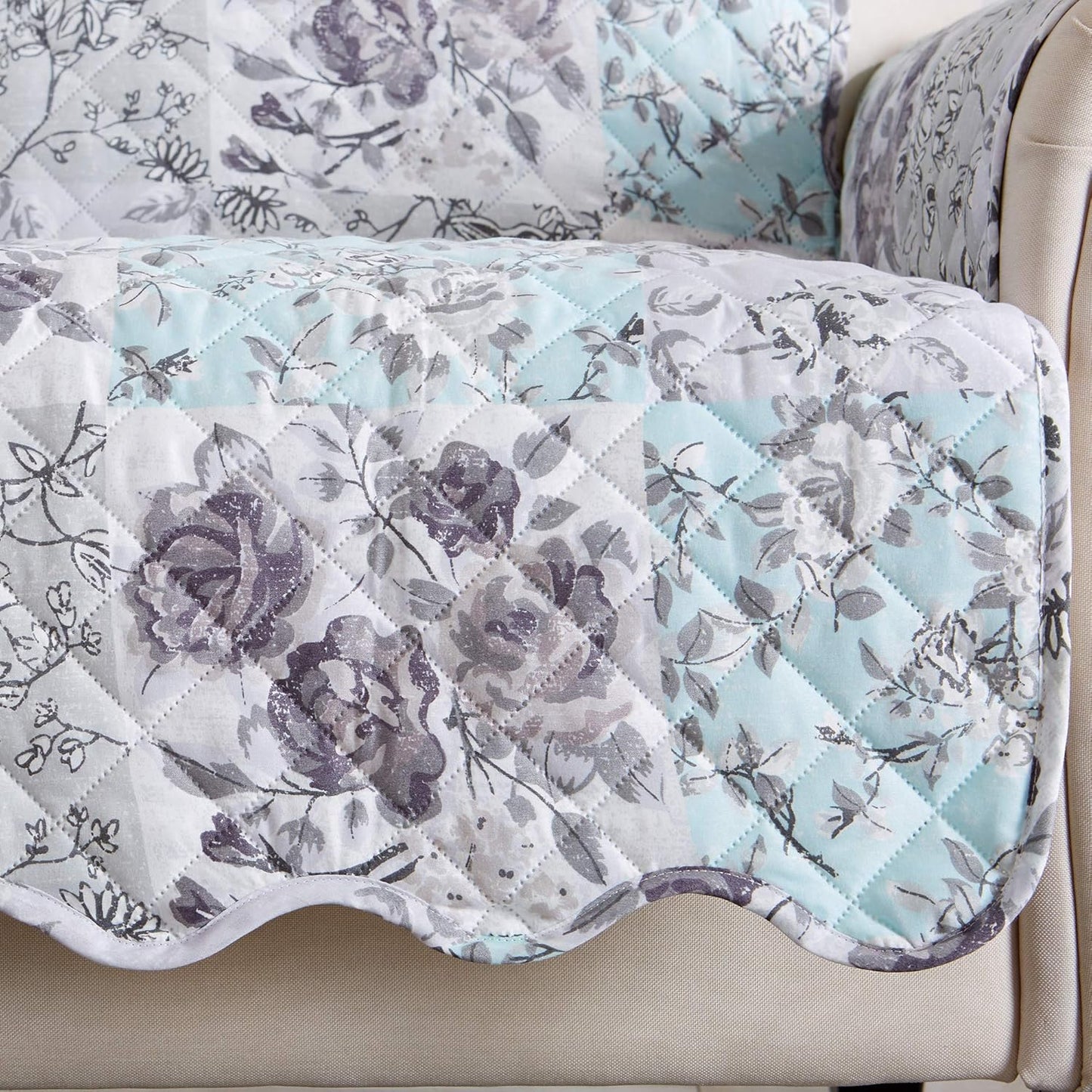 Reversible Floral Patchwork Furniture Protector Scalloped Edge Stain Resistant Printed Furniture Protector Maribel Collection (Chair, Gray/Aqua)