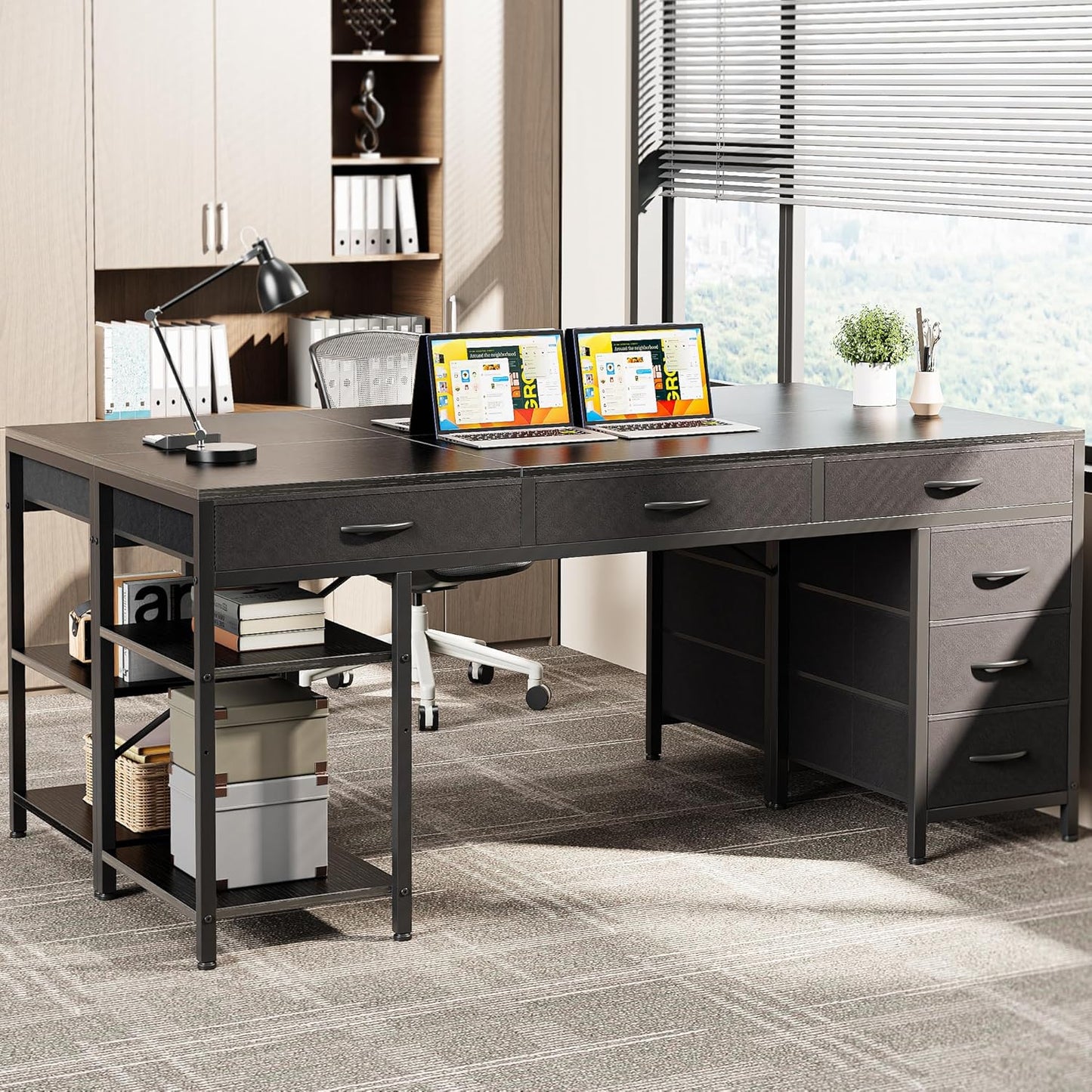 Huuger Computer Desk with 6 Drawers, 63 Inch Office Desk with Shelves, Reversible Gaming Desk, Corner Desk with Storage, for Home Office, Study, Living Room, Black