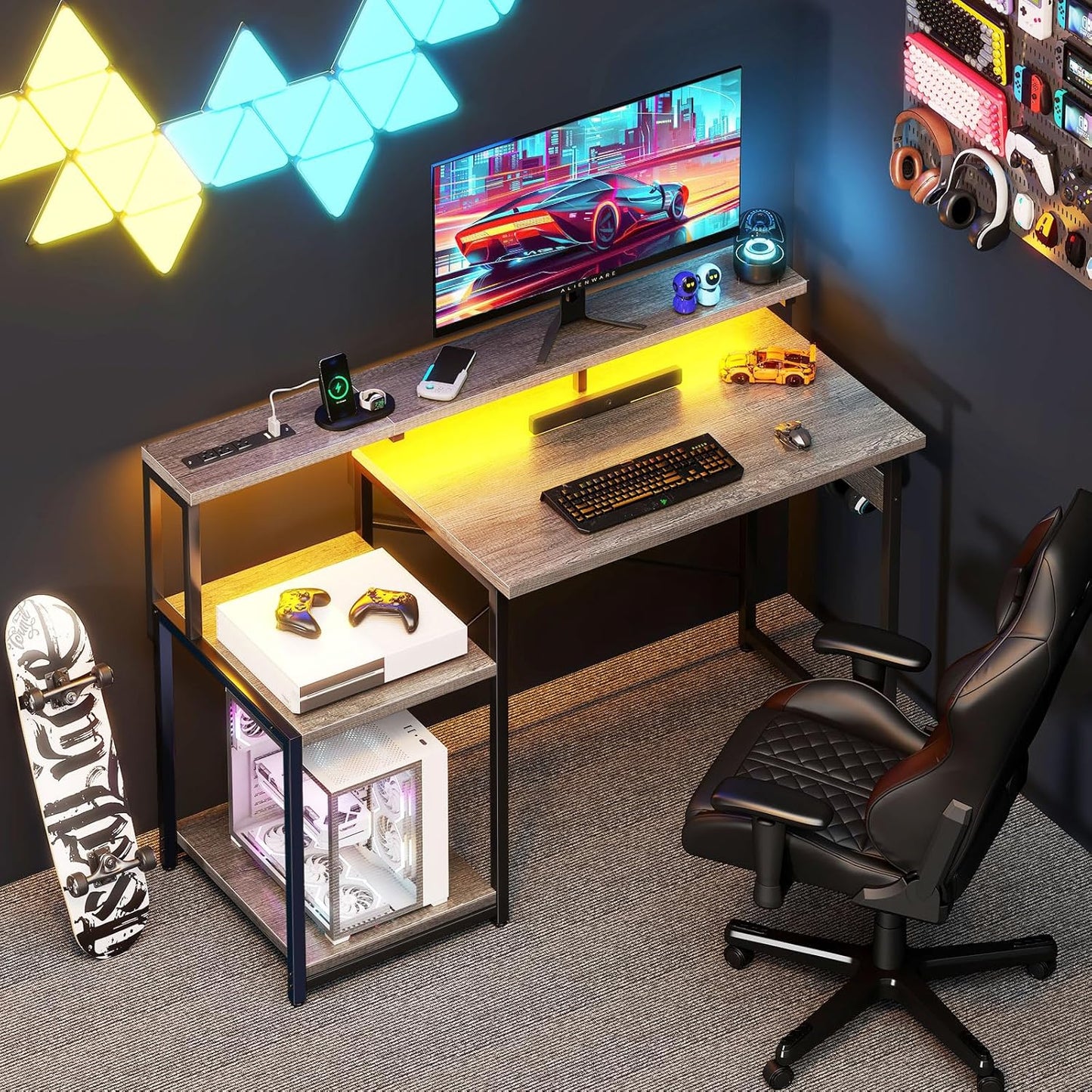 AODK Computer Desk, 48 Inch Gaming Desk with Led Lights & Power Outlet, Office Desk with Storage Shelves, Reversible Desk with Monitor Shelf & Headphone Hook, Grey Oak