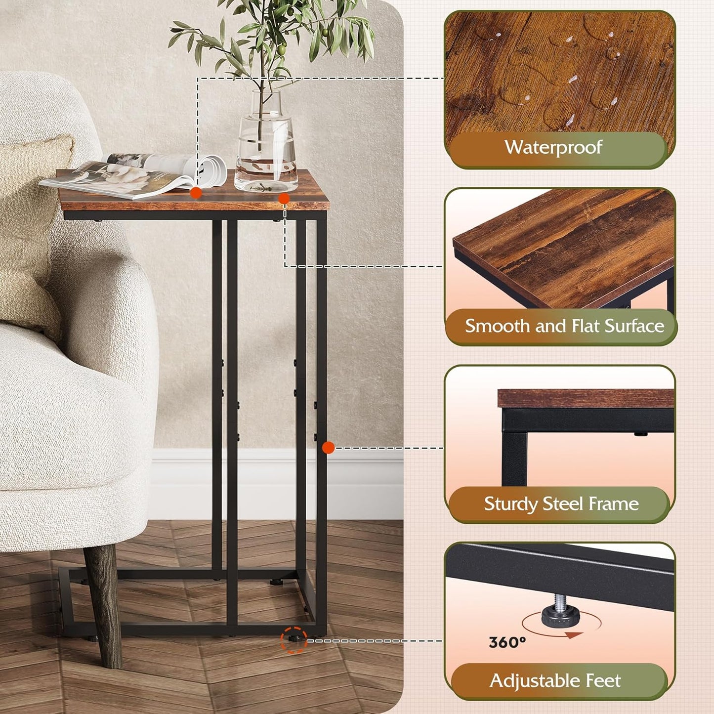 WLIVE Side Table, C Shaped End Table for Couch, Sofa and Bed, Large Desktop C Table for Living Room, Bedroom, Retro Brown and Black