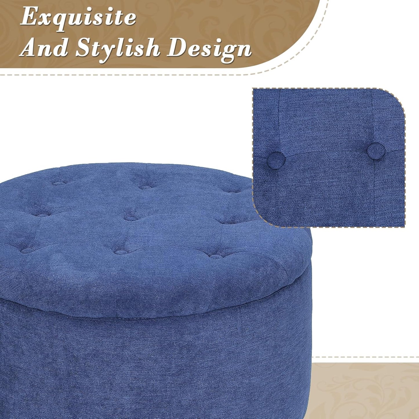 Athena Collection 24.5 Inch Small Ottoman with Storage, Round Linen Fabric Storage Ottoman Foot Rest with Removable Lid, Multipurpose Footstool Footrest for Livingroom, Bedroom, Dorm, Blue