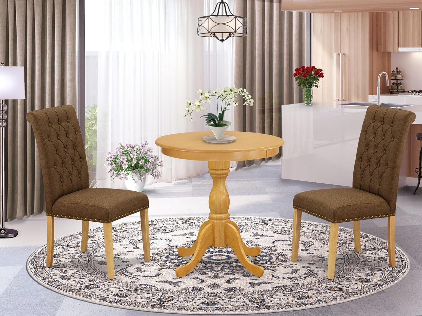 East West Furniture ESBR3-OAK-18 3 Piece Kitchen Table & Chairs Set Contains a Round Dining Room Table with Pedestal and 2 Brown Linen Linen Fabric Parsons Chairs, 30x30 Inch, Oak