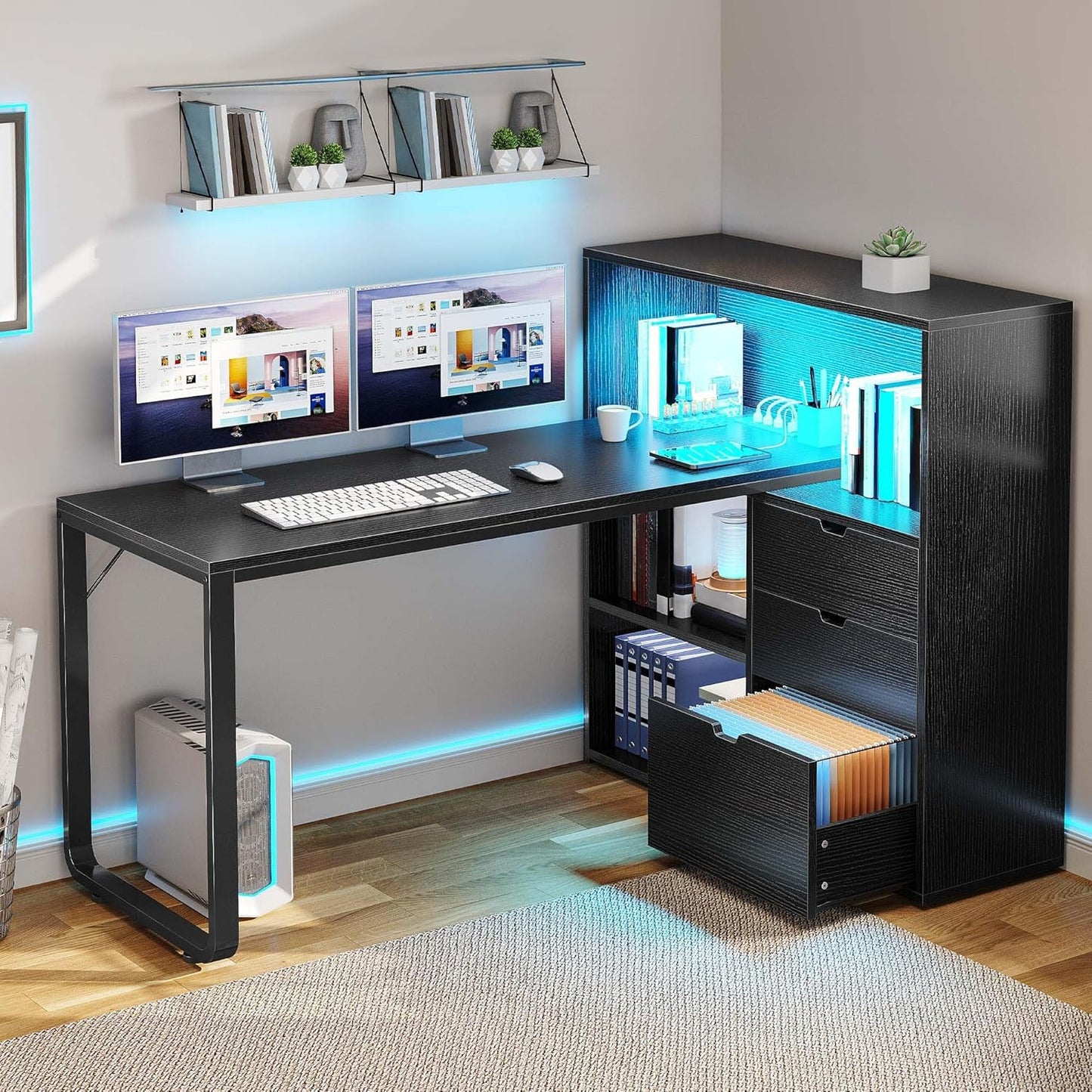 DWVO L Shaped Desk with Drawers, 55" Corner Computer Desk with Bookshelf & Power Outlets & LED Lights, Home Office Desk with Storage Shelves, Black