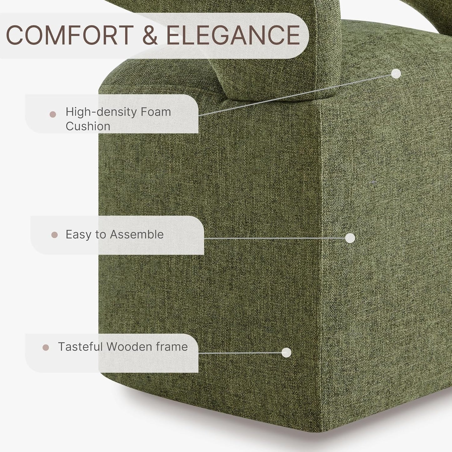 Upholstered Dining Chairs with Removable Casters Barrel Side Armchair with Rollers for Diningroom Bedroom Livingroom Reading Room, Green, 1PCS