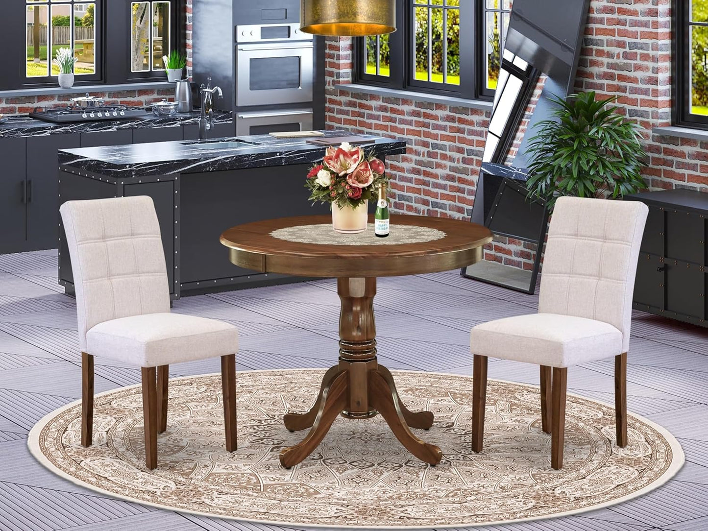 East West Furniture ANAS3-AWA-08 3 Piece Kitchen Dining Table Set contain A Modern Table and 2 Mist Beige Polyester Fabric Upholstered Dining Chairs, Antique Walnut