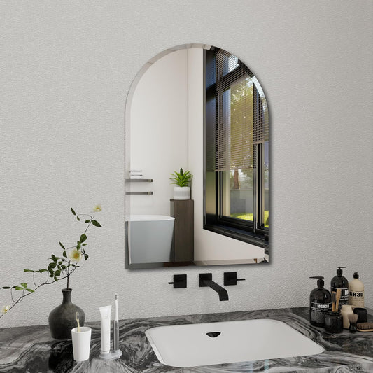 Arched Bathroom Mirror, 28X36 inch Arched Frameless Mirror, Arch Wall Mirror，Frameless Mirrors for Bathroom,Beveled Bathroom Mirror.