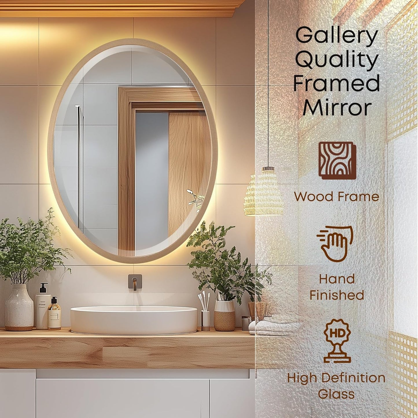 OVALCREST - Oval Wooden Beveled Wall Mirror for Home Decor, Bathroom, Vanity, Bedroom, Living Room, Hallway - London Style (Gold Spray) 17.1 x 21.1