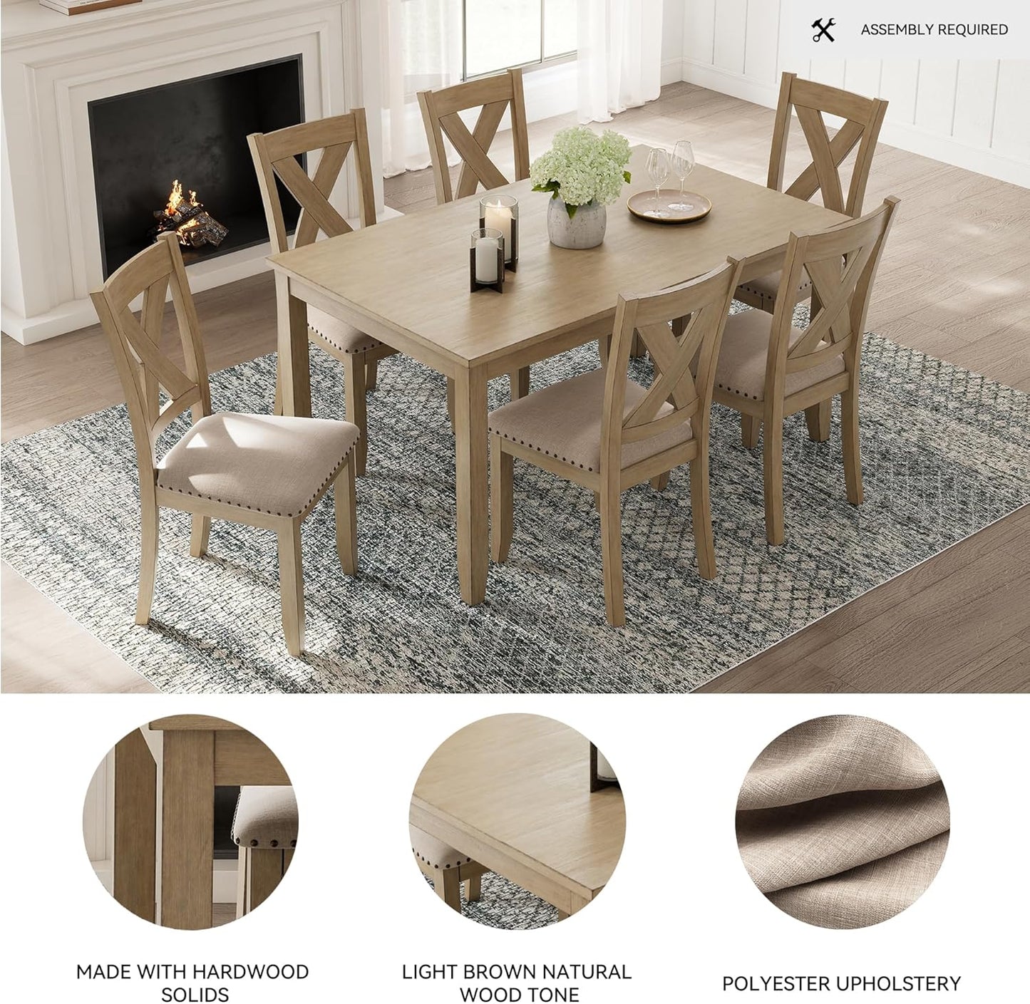 Signature Design by Ashley Sanbriar Casual Dining Table and Upholstered Chairs with Nailhead Trim, Set of 7, Light Brown & Beige