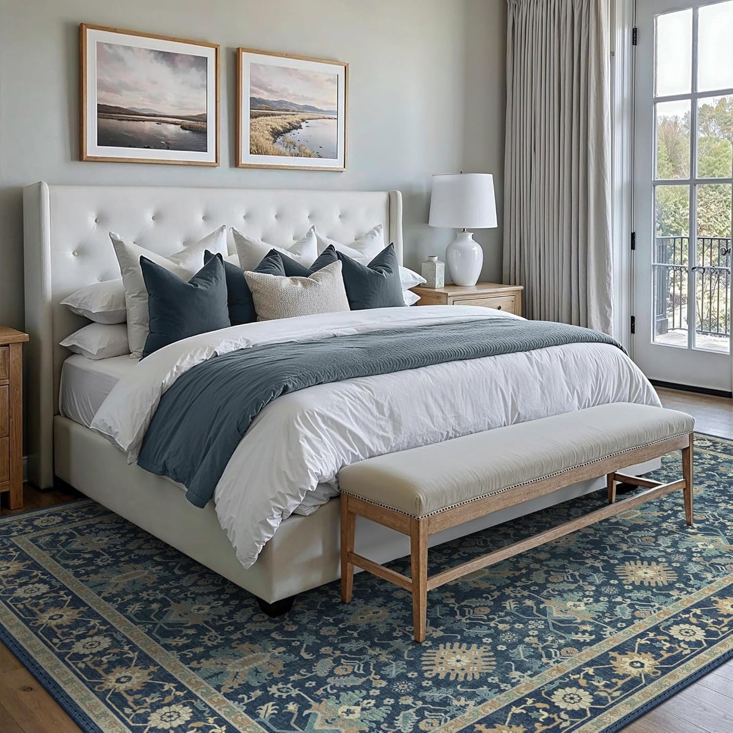 8X10 Area Rugs Machine Washable Runner Rugs for Living Room Bedroom Hallway, Non Slip Indoor Soft Accent Distressed Boho Vintage Print Lightweight Thin Low Pile Carpet, Navy