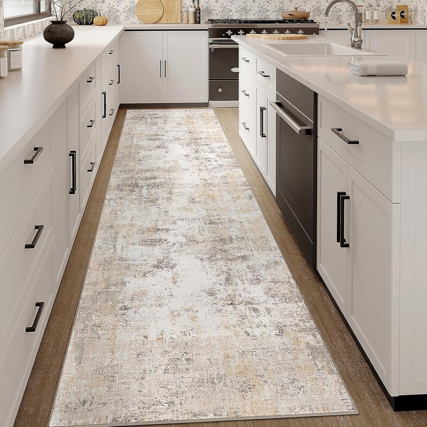 3x8 Washable Runner Rug Beige Grey Neutral Abstract Hallway Kitchen Living Room Bedroom Non Slip Throw Rug Soft Low Pile Indoor Carpet for Entrance Laundry Bathroom