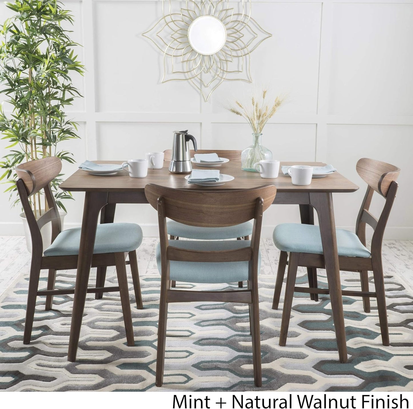 Christopher Knight Home Idalia 50" Rectangular Dining Set, 5-Pcs Set, Natural Walnut / Mint